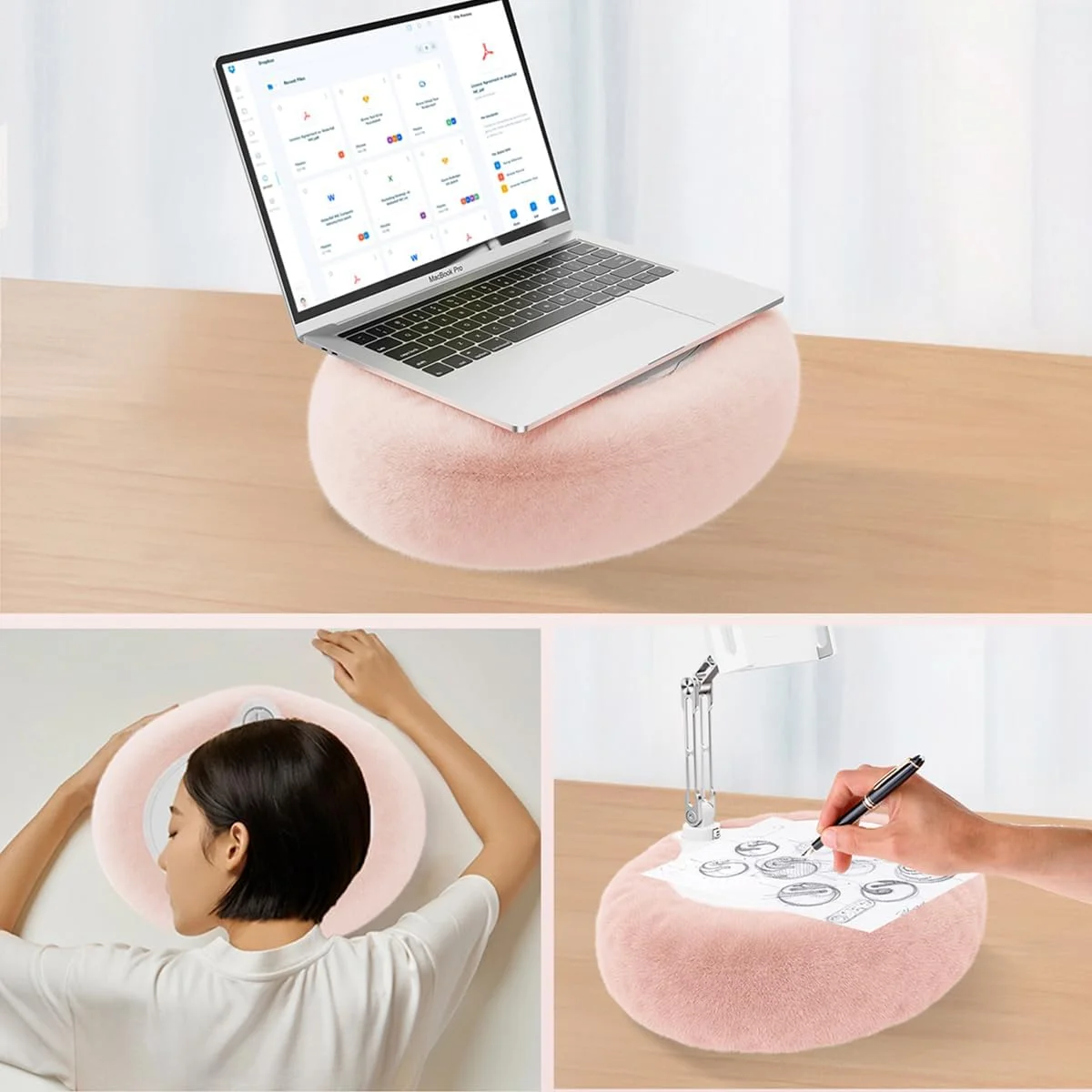 پایه نگهدارنده بالشتی برای تبلت کیندل آیپد، پایه موبایل مخمل با کاسه تنقلات درب دار، سازگار با تلفن، تبلت، آیپد، آیفون، گوگل، کیندل، سامسونگ (صورتی) 4.7 تا 13 اینچی