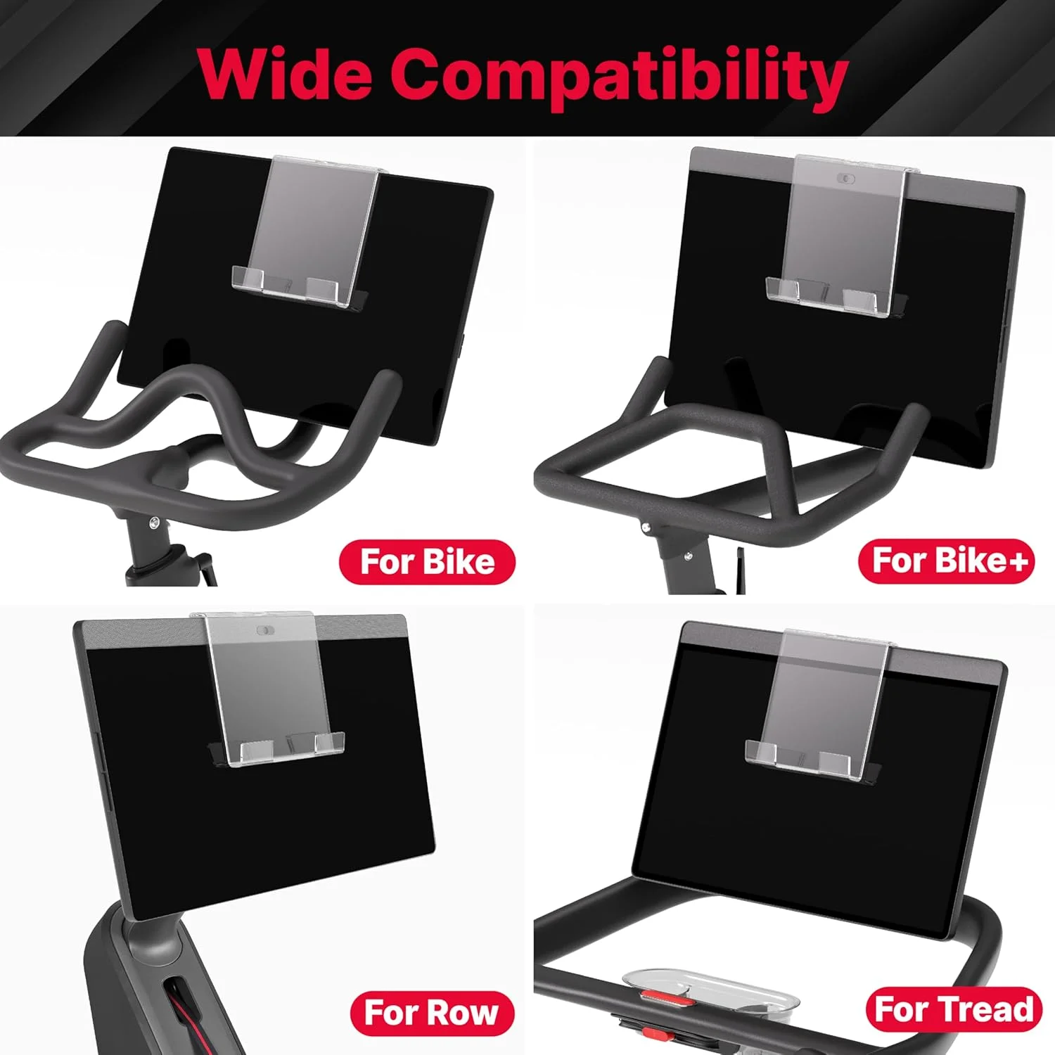 نگهدارنده تبلت سازگار با دوچرخه، دوچرخه پلاس، تردمیل و روئینگ، لوازم جانبی جامد دوچرخه ورزشی سازگار با آیپد و کیندل، پایه تلفن اکریلیک برای صفحه نمایش، تردمیل