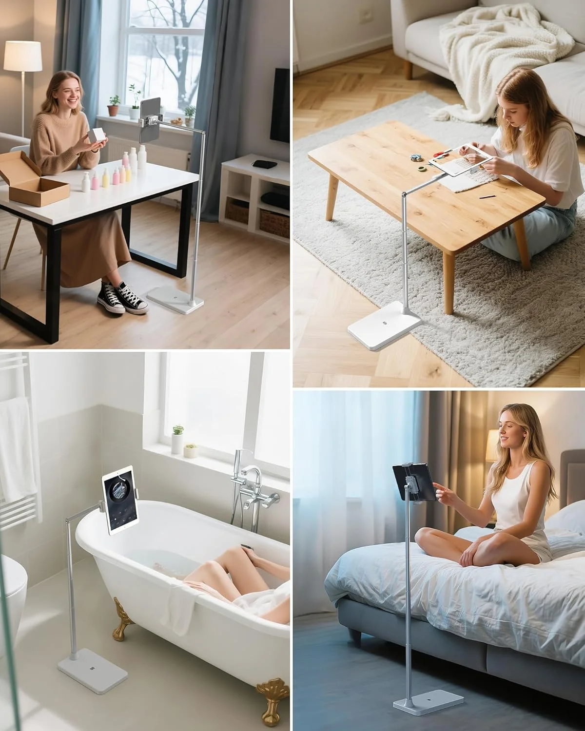 پایه نگهدارنده تبلت با پایه سنگین دوبل، پایه نگهدارنده گوشی بالای تخت، نگهدارنده فلزی تبلت با قابلیت چرخش 360 درجه، بازوی قابل تنظیم ارتفاع و کشش، سازگار با آیپد، گلکسی تب، کیندل، سوییچ، تلفن های همراه