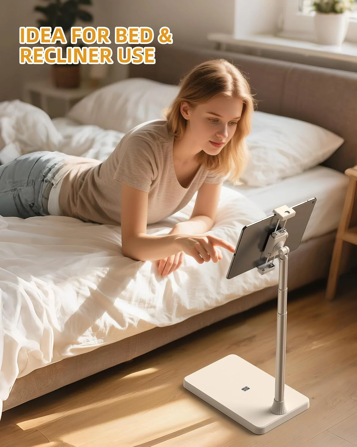 پایه نگهدارنده تبلت با پایه سنگین دوبل، پایه نگهدارنده گوشی بالای تخت، نگهدارنده فلزی تبلت با قابلیت چرخش 360 درجه، بازوی قابل تنظیم ارتفاع و کشش، سازگار با آیپد، گلکسی تب، کیندل، سوییچ، تلفن های همراه