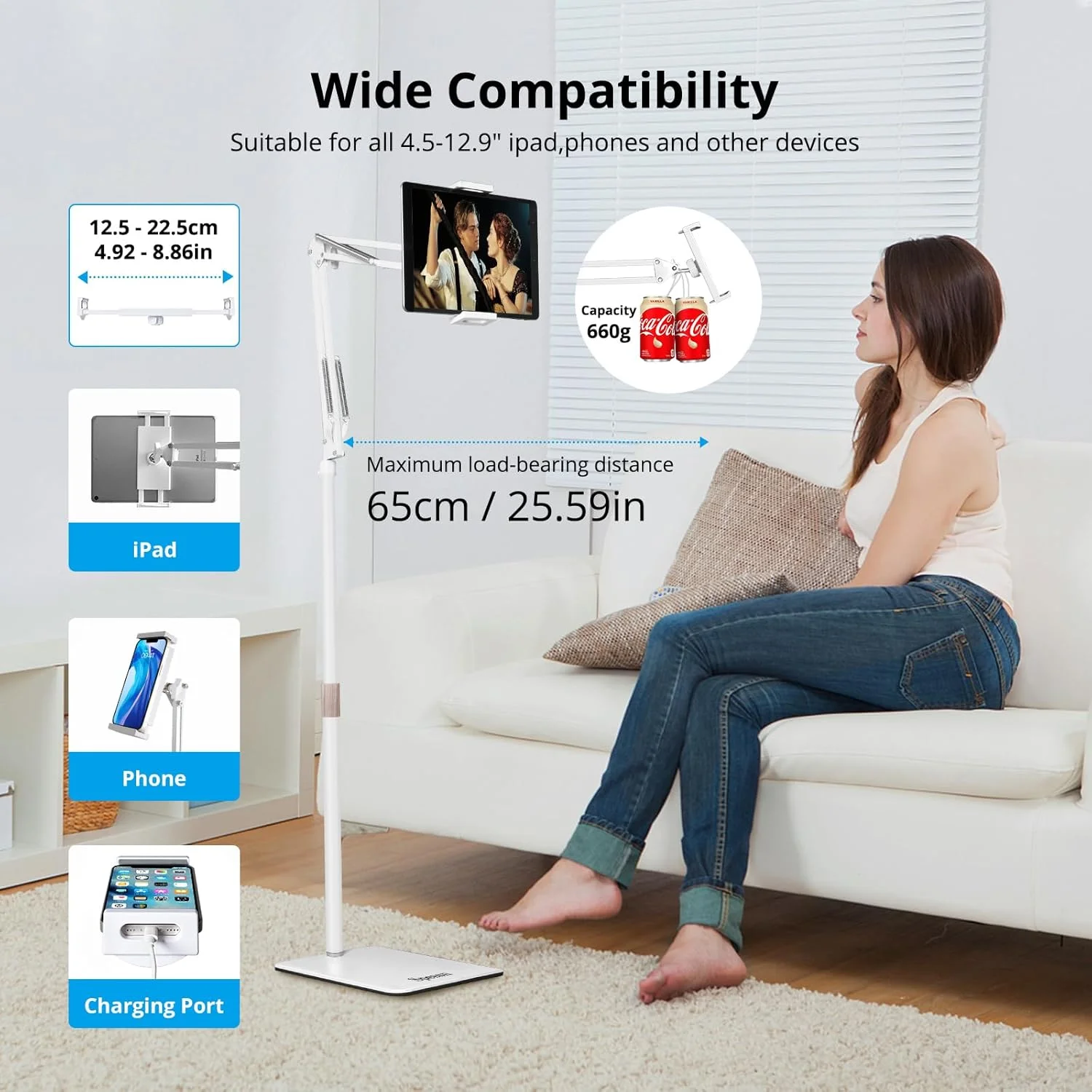 پایه نگهدارنده تبلت، پایه نگهدارنده گوشی بالای تخت، نگهدارنده فلزی جهانی تبلت با قابلیت تنظیم ارتفاع، پایه گوشی برای آیپد/آیفون X/آیپد پرو 4.5 تا 12.9 اینچ، گوشی، کیندل، 4.5-12.9 اینچ (سفید روشن)