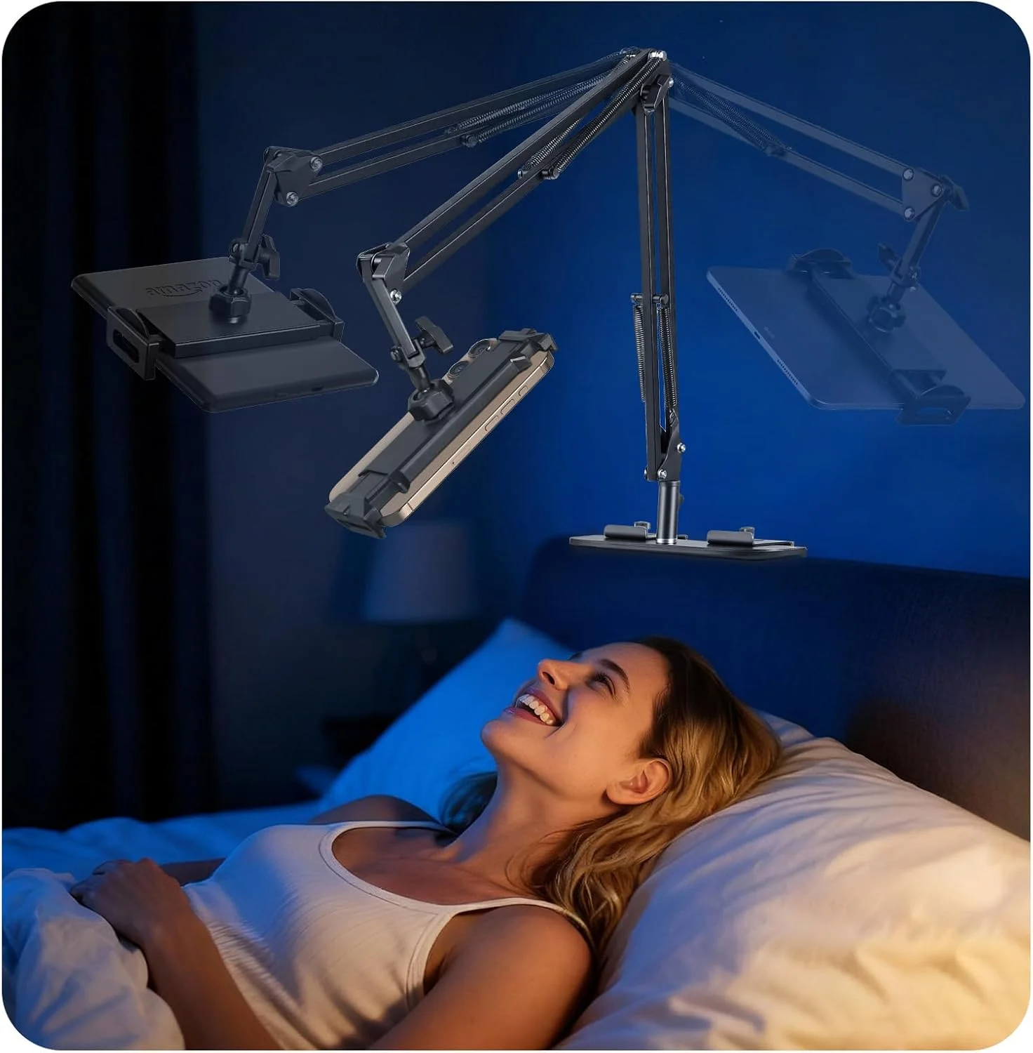 نگهدارنده تلفن تخت و نگهدارنده کتابخوان برای تخت، پایه نگهدارنده تلفن همراه بالای سر، پایه تبلت فلزی قابل تنظیم 360 درجه برای آیپد پرو ایر مینی، آیفون 17/16 پرو، سامسونگ و سایر دستگاه های 5-12.9 اینچی