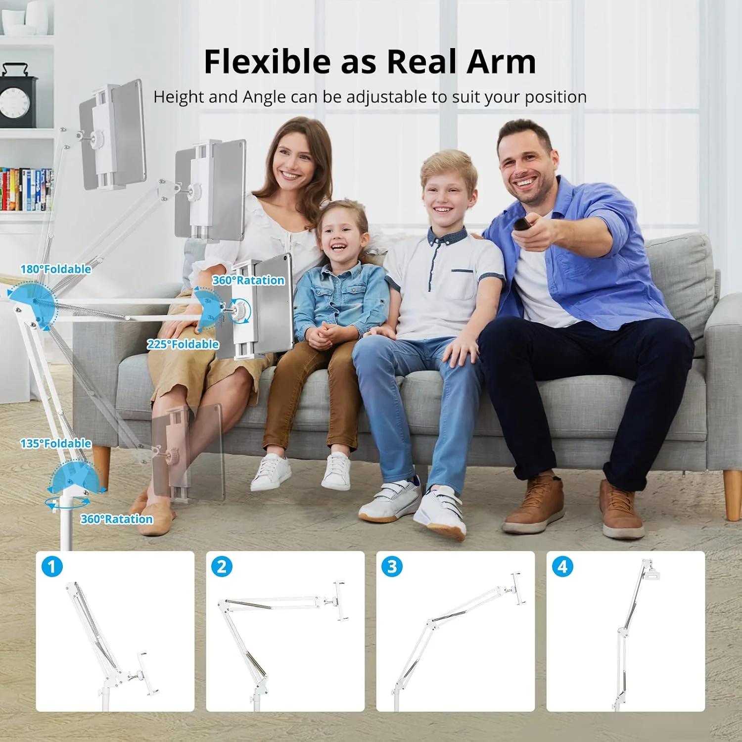 پایه نگهدارنده تبلت، پایه نگهدارنده گوشی بالای تخت، نگهدارنده فلزی جهانی تبلت با قابلیت تنظیم ارتفاع، پایه گوشی برای آیپد/آیفون X/آیپد پرو 4.5 تا 12.9 اینچ، گوشی، کیندل، 4.5-12.9 اینچ (سفید روشن)