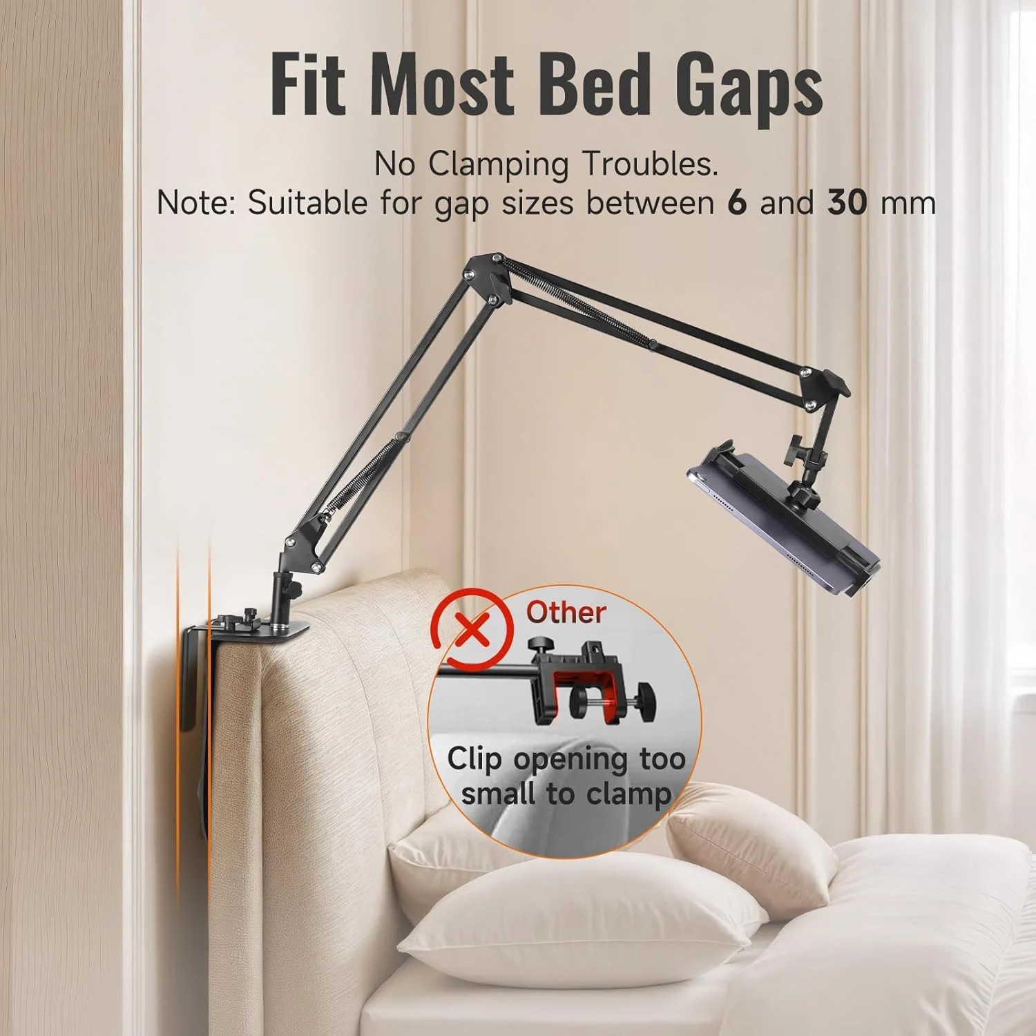 نگهدارنده تلفن تخت و نگهدارنده کتابخوان برای تخت، پایه نگهدارنده تلفن همراه بالای سر، پایه تبلت فلزی قابل تنظیم 360 درجه برای آیپد پرو ایر مینی، آیفون 17/16 پرو، سامسونگ و سایر دستگاه های 5-12.9 اینچی