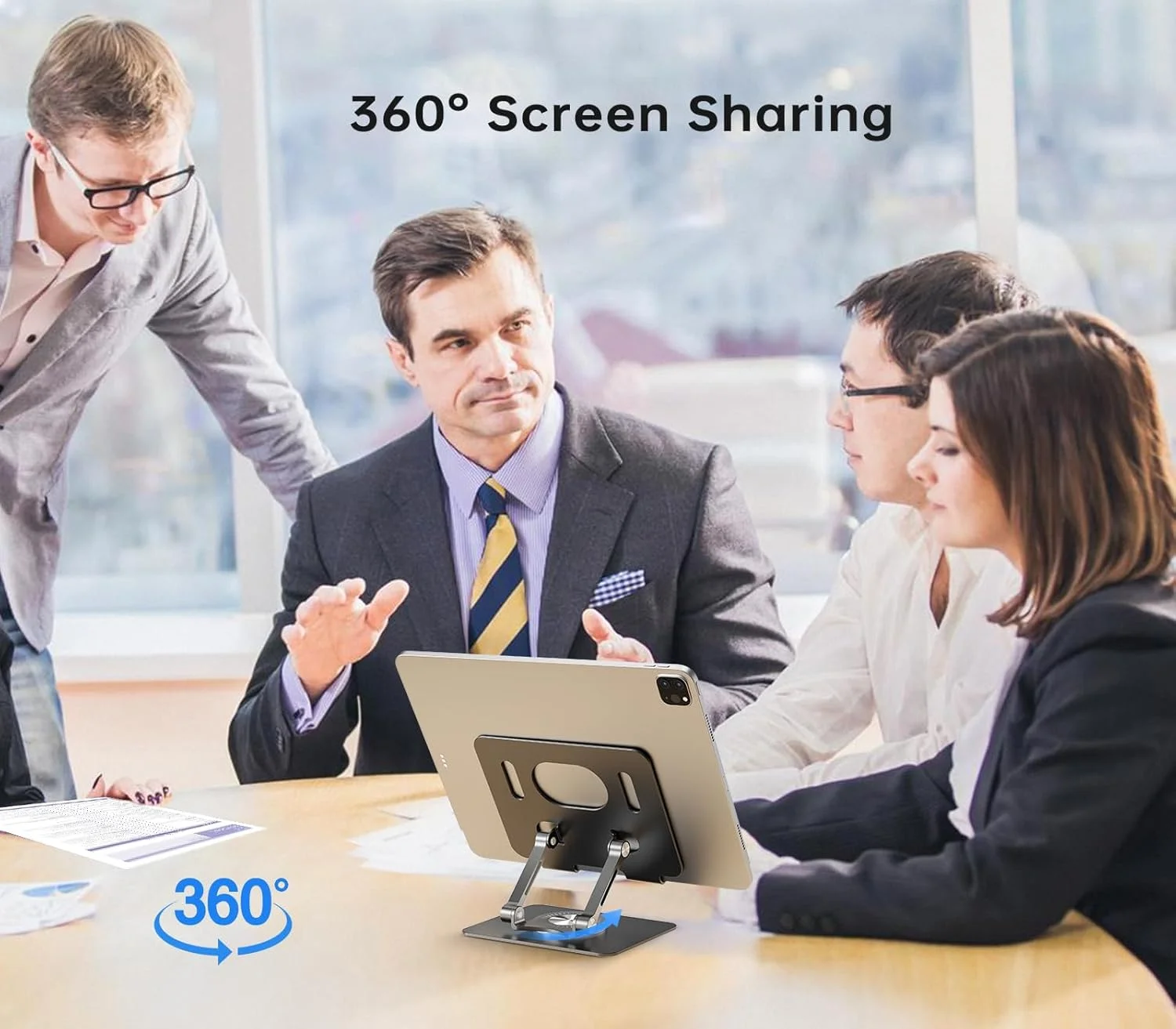 پایه نگهدارنده تبلت با پایه چرخان 360 درجه، پایه تبلت رومیزی آلومینیومی قابل تنظیم با دو میله سازگار با آیپد، گوشی سامسونگ، کیندل، کتابخوان الکترونیکی و غیره، مشکی