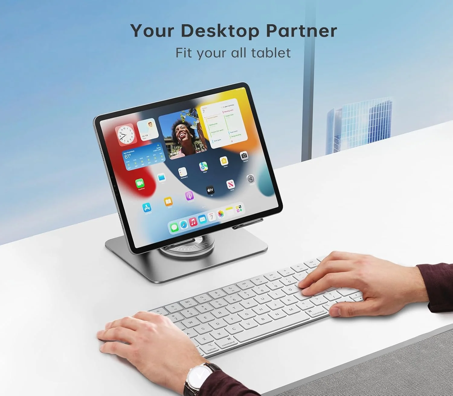 پایه نگهدارنده تبلت با پایه چرخان 360 درجه، پایه تبلت رومیزی آلومینیومی قابل تنظیم با دو میله سازگار با آیپد، گوشی سامسونگ، کیندل، کتابخوان الکترونیکی و غیره، مشکی
