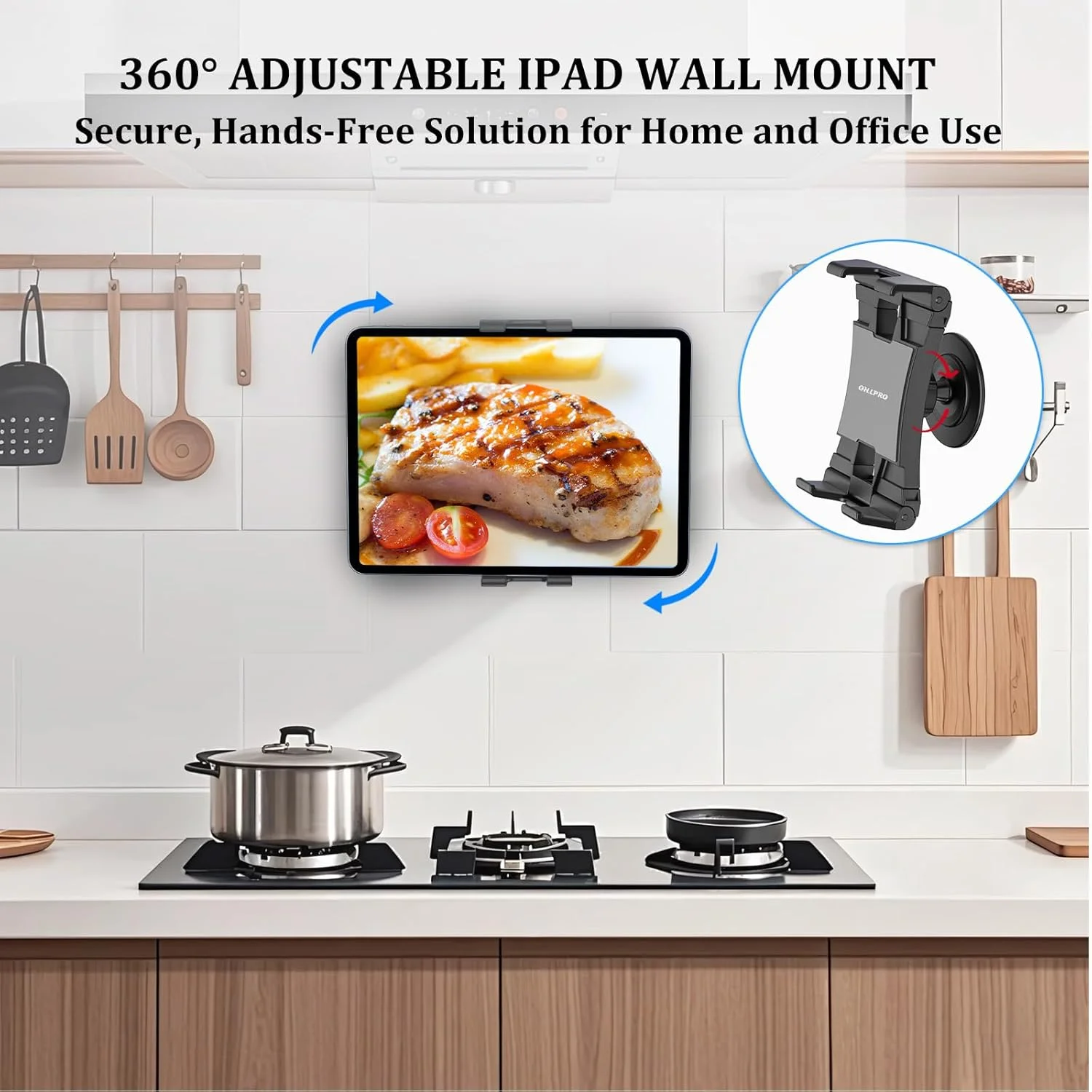 نگهدارنده دیواری تبلت OHLPRO برای آیپد، پایه چرخشی 360 درجه قابل تنظیم با چسب 3M بدون نیاز به سوراخکاری برای دیوار آشپزخانه با سطح صاف، مناسب برای تلفن های 5-13 اینچی، آیپدها، سامسونگ تب، فایر HD و دستگاه های بیشتر