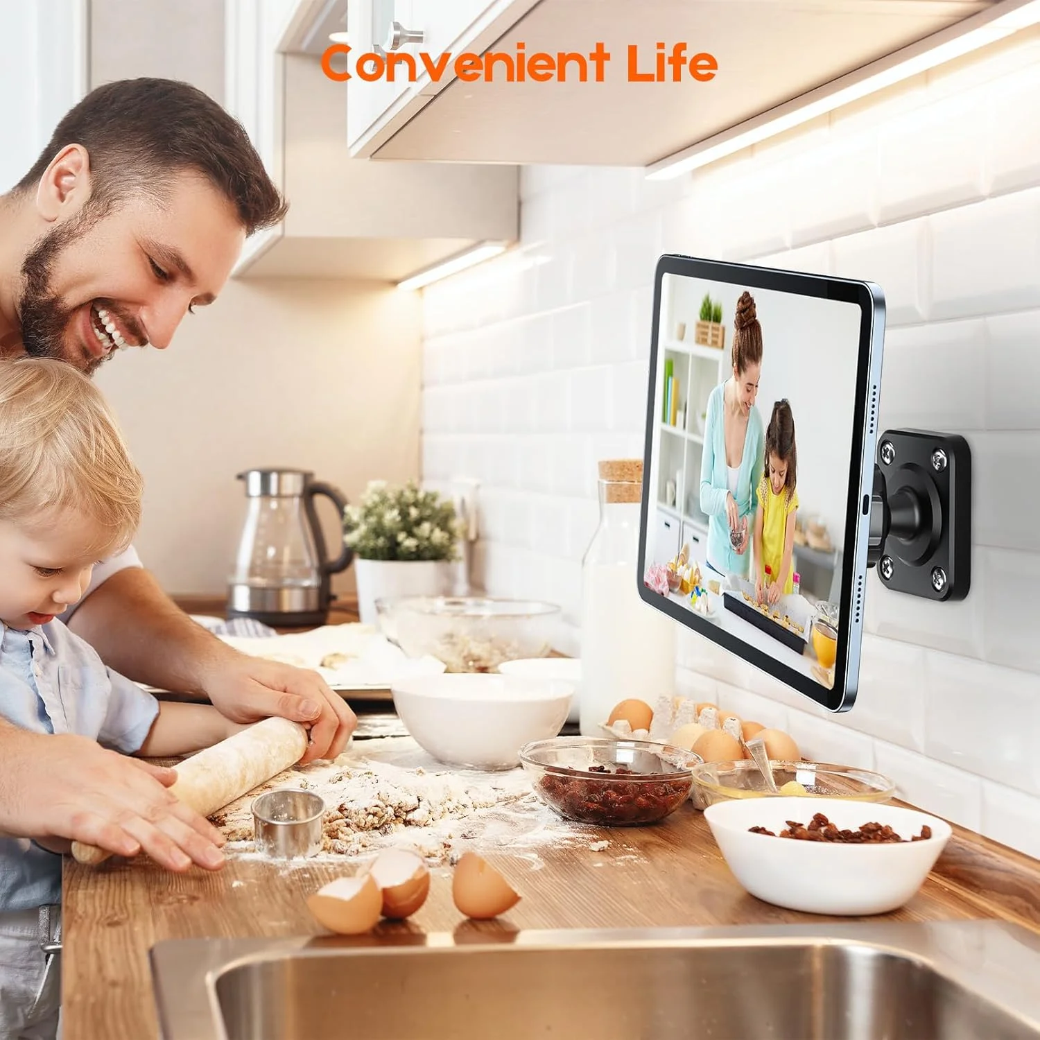 پایه نگهدارنده تبلت مغناطیسی دیواری یونیورسال OHLPRO برای آیپد، با حلقه فلزی، برای استفاده در آشپزخانه، کابینت، اداره و منزل، سازگار با آیپد پرو/ایر/مینی، چرخش 360 درجه با پایه سوراخ دار