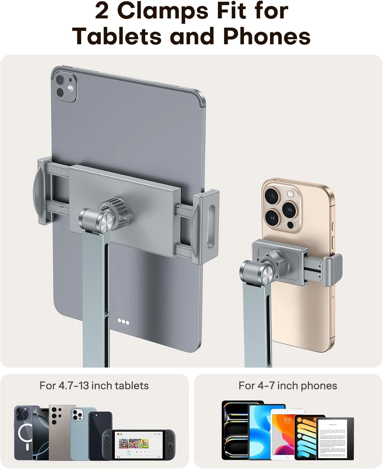پایه تبلت قابل تنظیم OMOTON برای آیپد، نگهدارنده تلفن رومیزی برای تخت با 2 گیره، پایه آلیاژ آلومینیوم انعطاف پذیر با چرخش 360 درجه برای دستگاه های 4-13 اینچی
