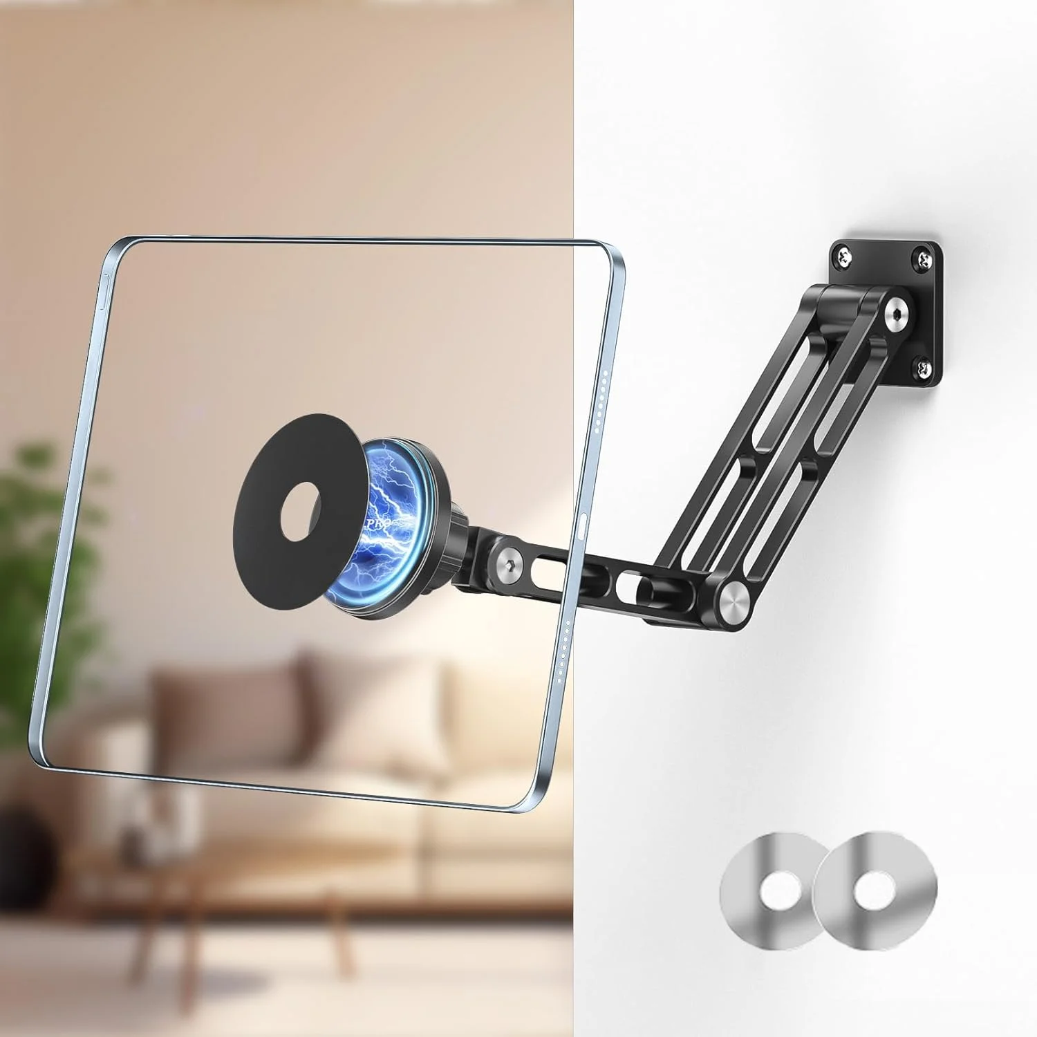 پایه نگهدارنده مغناطیسی تبلت OHLPRO برای آیپد با بازوی آلومینیومی تاشو قابل تنظیم 2 مرحله ای، پایه نگهدارنده دیواری تلفن سازگار با MagSafe آیفون سری 12-17، مناسب برای آشپزخانه باشگاه خانگی