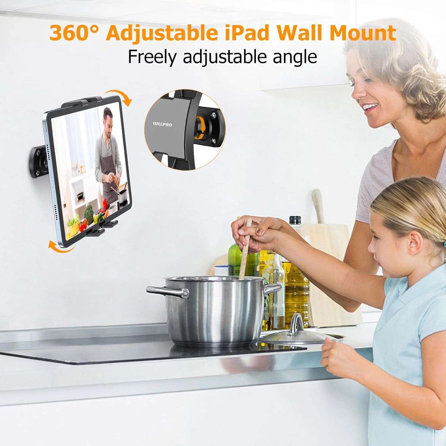 پایه دیواری تبلت OHLPRO با قابلیت چرخش 360 درجه و تنظیم، استند یونیورسال آیپد برای آشپزخانه، اداره، انبار، گیره ارتقا یافته برای تبلت های 5 تا 13 اینچی، تبلت های گلکسی، کیندل فایر HD و دستگاه های کتابخوان الکترونیکی