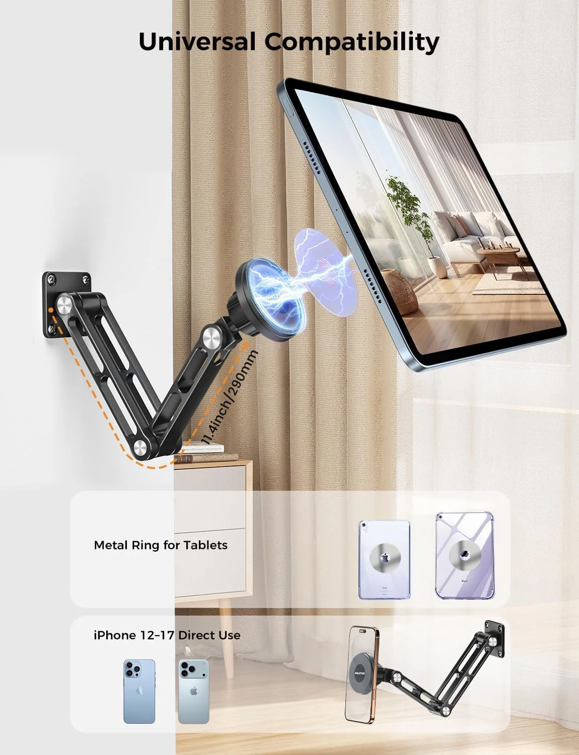 پایه نگهدارنده مغناطیسی تبلت OHLPRO برای آیپد با بازوی آلومینیومی تاشو قابل تنظیم 2 مرحله ای، پایه نگهدارنده دیواری تلفن سازگار با MagSafe آیفون سری 12-17، مناسب برای آشپزخانه باشگاه خانگی