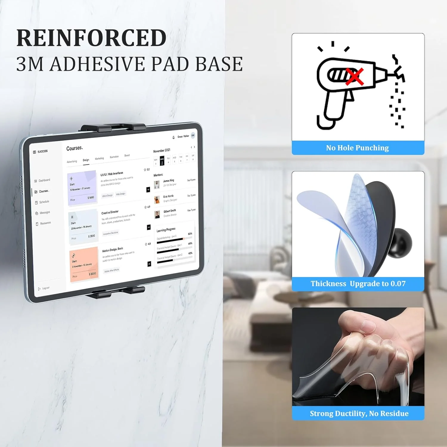 پایه دیواری تبلت OHLPRO برای آیپد، چرخش 360 درجه قابل تنظیم بدون نیاز به دریل، استند چسبی 3M برای آشپزخانه سازگار با تلفن های هوشمند 5-13 اینچی آیپد، سامسونگ تب، فایر اچ دی، کیندل و سایر دستگاه ها