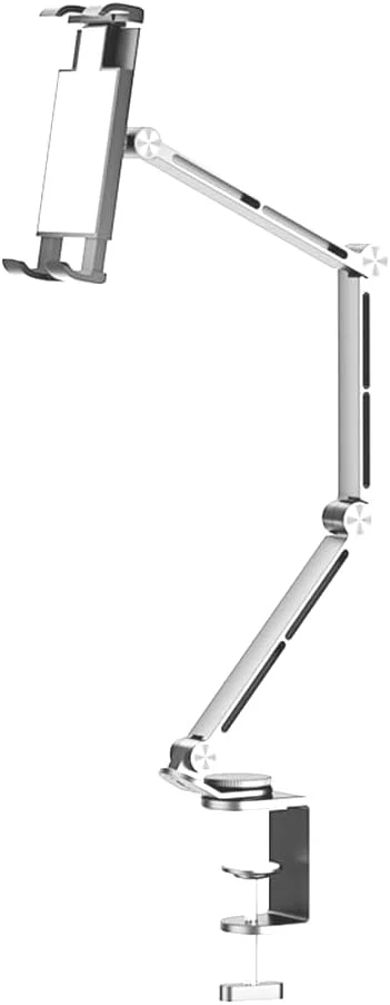 پایه نگهدارنده فلزی تبلت/گوشی موبایل، قابل تنظیم و تاشو، مناسب میز، آلومینیومی، یونیورسال، بازوی بلند انعطاف پذیر با قابلیت چرخش 360 درجه، مناسب دستگاه های 4 تا 13 اینچی (نقره ای، CT9)