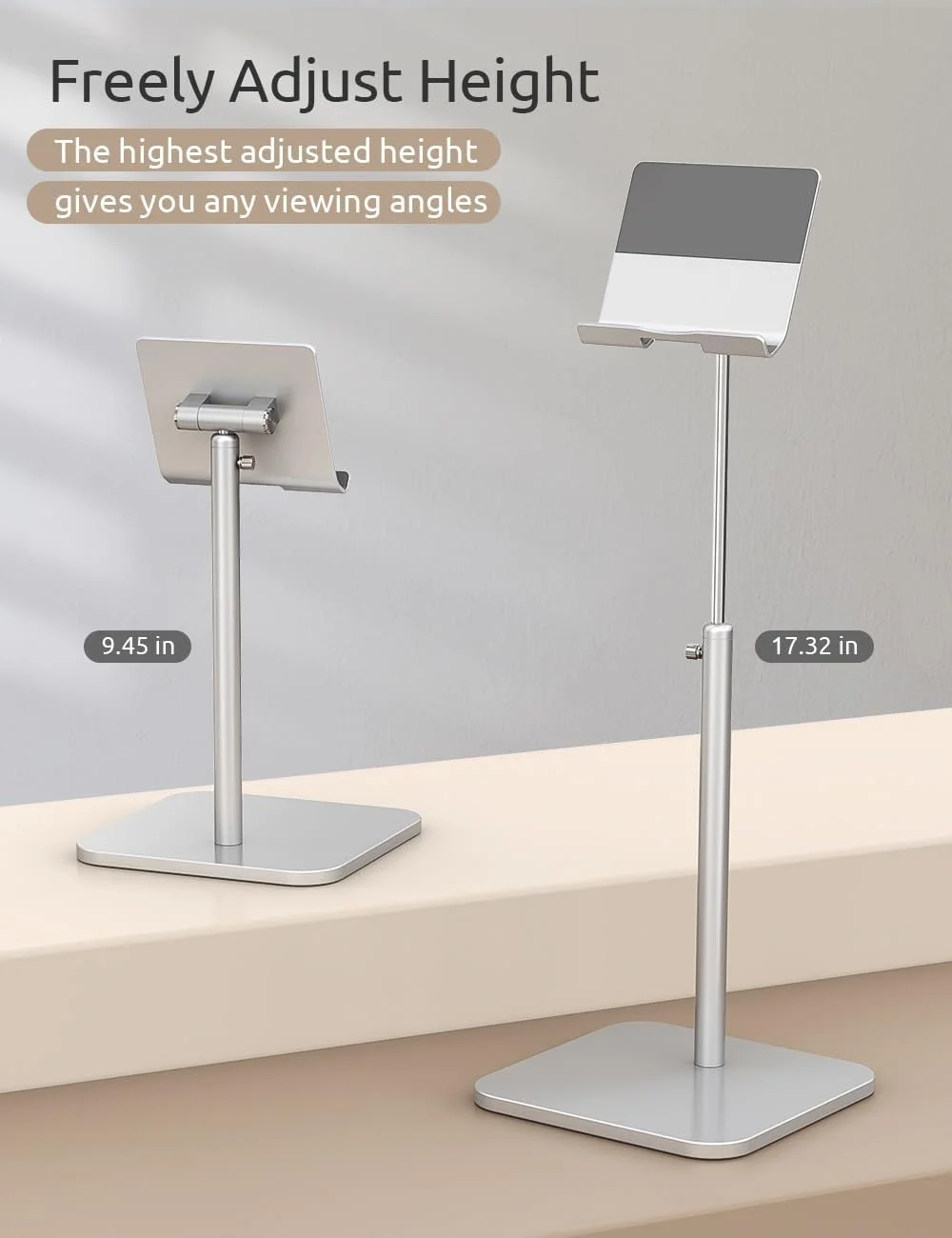 پایه تبلت با قابلیت تنظیم ارتفاع و زاویه، نگهدارنده تبلت رومیزی هم سطح چشم برای دفتر کار خانگی، پایه نگهدارنده برای آیپد پرو 12.9، ایر مینی 4، کیندل، کتابخوان الکترونیکی، نکسوس، آیفون (4-13 اینچ) نقره ای