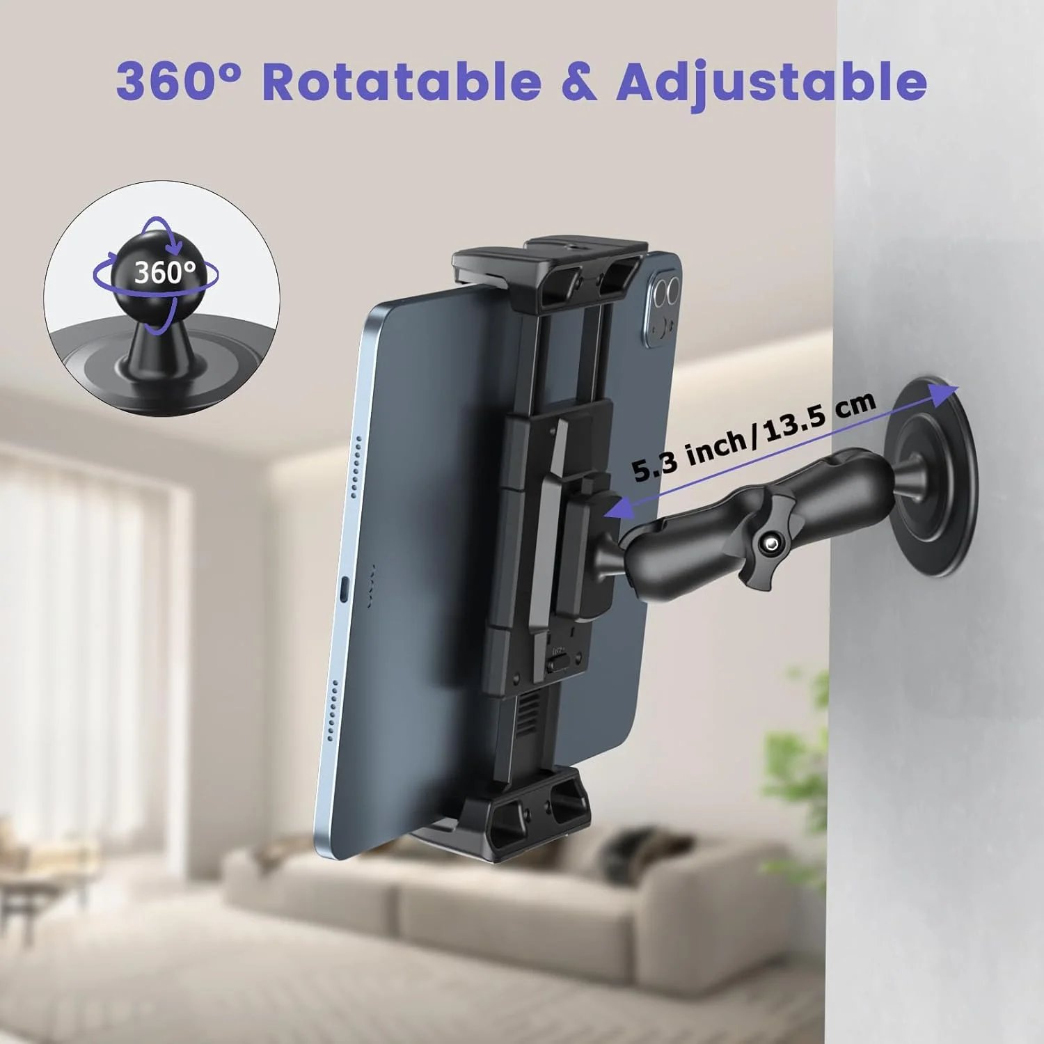 نگهدارنده تبلت دیواری چسبی OHLPRO با بازوی نگهدارنده 4 اینچی و نوار 3M VHB، استیکر یکبار مصرف برای آیپد مینی/ایر/پرو 5-13 اینچی، فایر، گلکسی تب، سوییچ و تلفن، چرخش 360 درجه، شیب قابل تنظیم، بدون نیاز به سوراخکاری