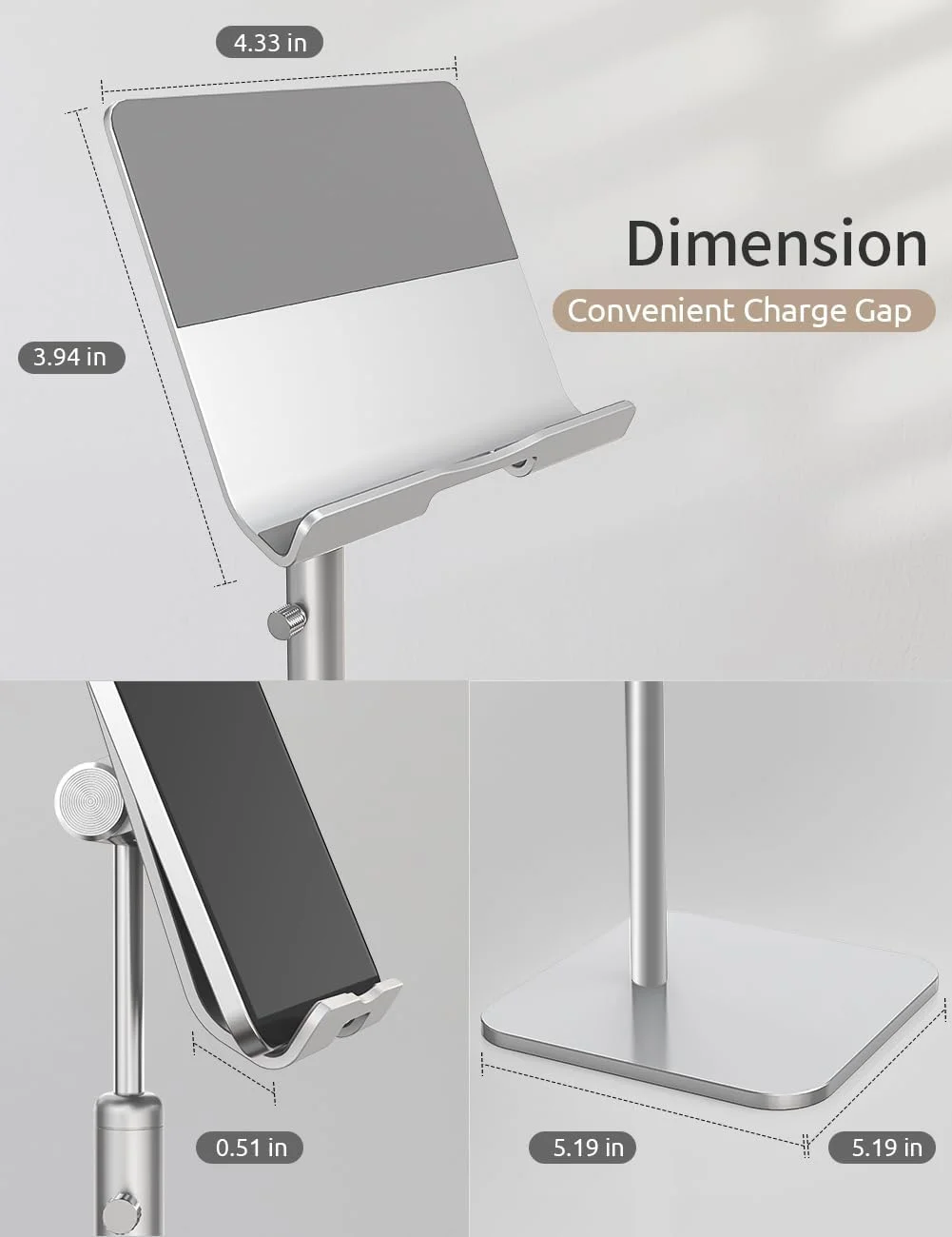 پایه تبلت با قابلیت تنظیم ارتفاع و زاویه، نگهدارنده تبلت رومیزی هم سطح چشم برای دفتر کار خانگی، پایه نگهدارنده برای آیپد پرو 12.9، ایر مینی 4، کیندل، کتابخوان الکترونیکی، نکسوس، آیفون (4-13 اینچ) نقره ای