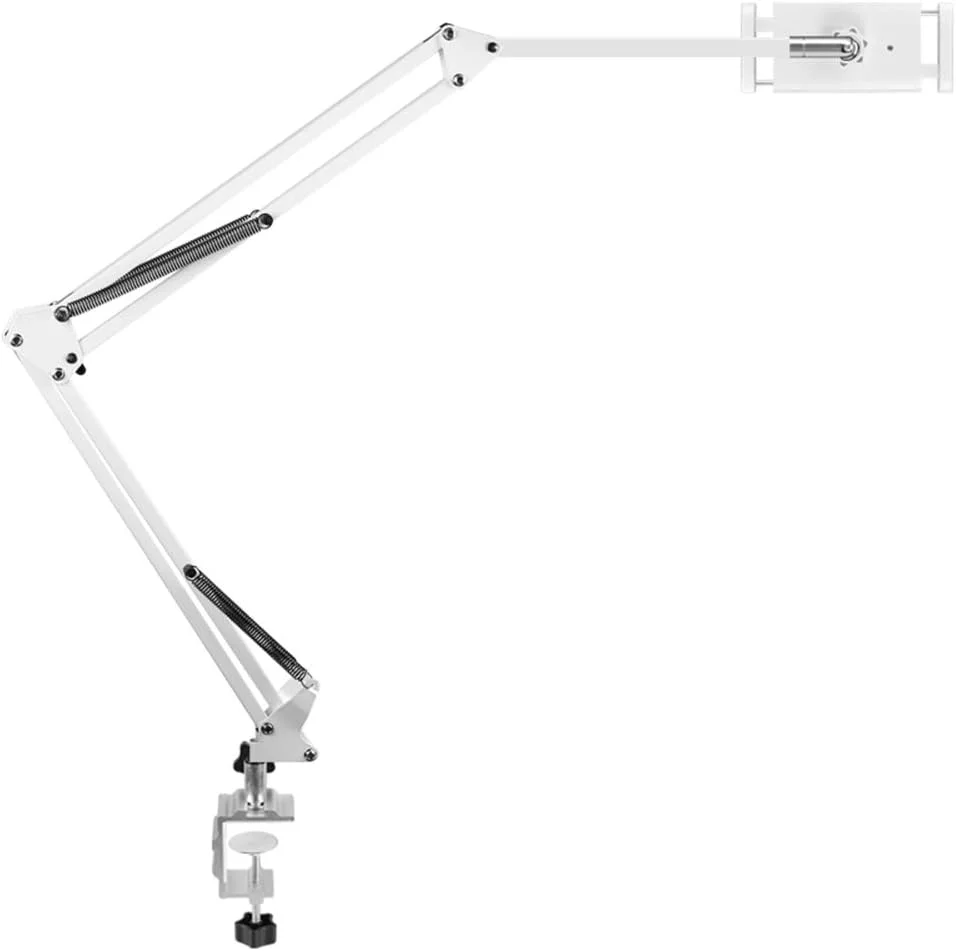 پایه نگهدارنده فلزی تبلت/گوشی موبایل، گیره گردن غازی چرخان 360 درجه، بازوی بلند انعطاف پذیر (سفید، 3 قسمتی)