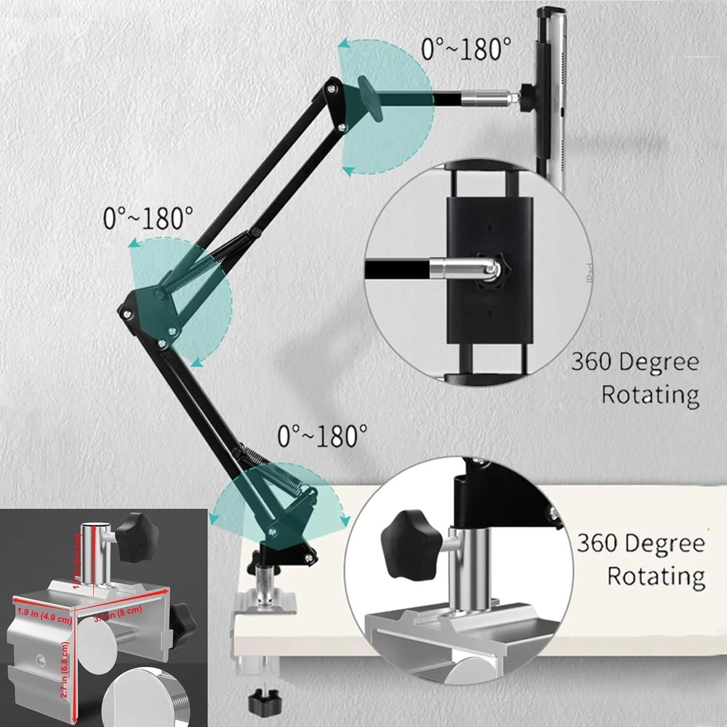 پایه نگهدارنده فلزی تبلت/گوشی موبایل، گیره گردن غازی چرخان 360 درجه، بازوی بلند انعطاف پذیر (سفید، 3 قسمتی)