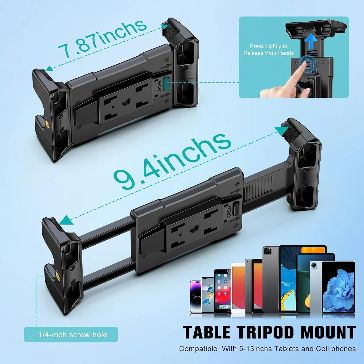 آداپتور پایه نگهدارنده آیپد OHLPRO با سر توپی گردان، پیچ های استاندارد سوراخ 1/4، نگهدارنده تبلت برای گیره سه پایه برای تبلت های 5-13 اینچی و آیفون 16 15 پرومکس، آیپد پرو 12.9، ایر، مینی، سامسونگ