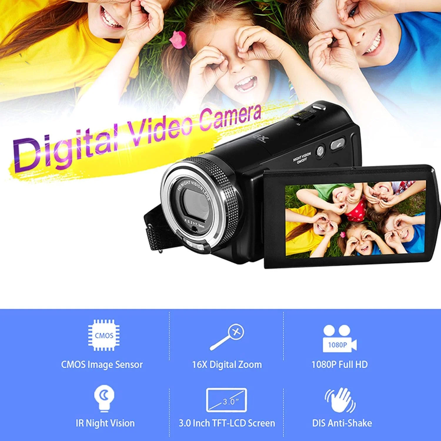 دوربین فیلمبرداری، دوربین دید در شب مادون قرمز 1080P 20MP با زوم دیجیتال 16 برابر، عملکرد وب کم، فیلمبرداری دید در شب مادون قرمز، ضبط در حین شارژ