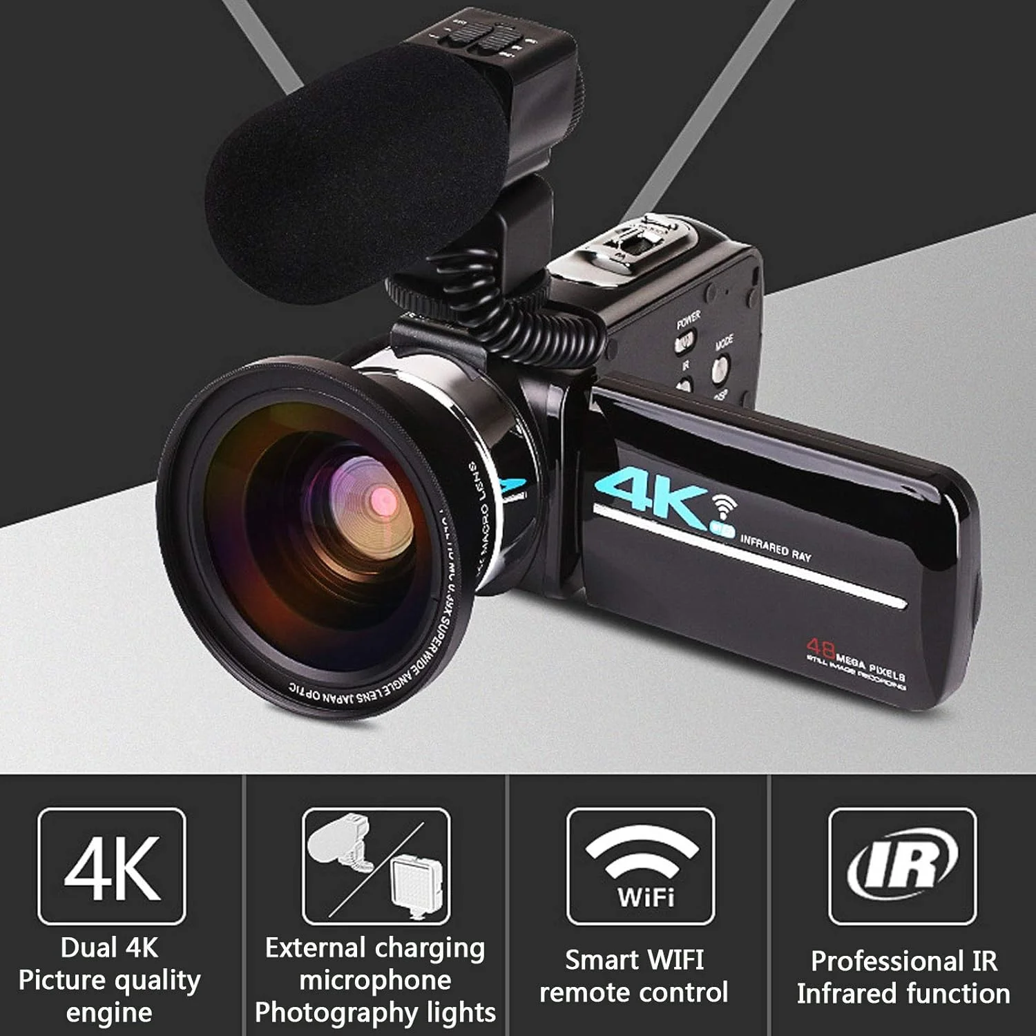 دوربین فیلمبرداری 4K با زوم اپتیکال 16 برابر، دوربین ولاگ 48 مگاپیکسلی با میکروفون و دید در شب IR و Wifi، نور LED، میکروفون خارجی و وب کم، دوربین عالی برای رویدادهای خانوادگی