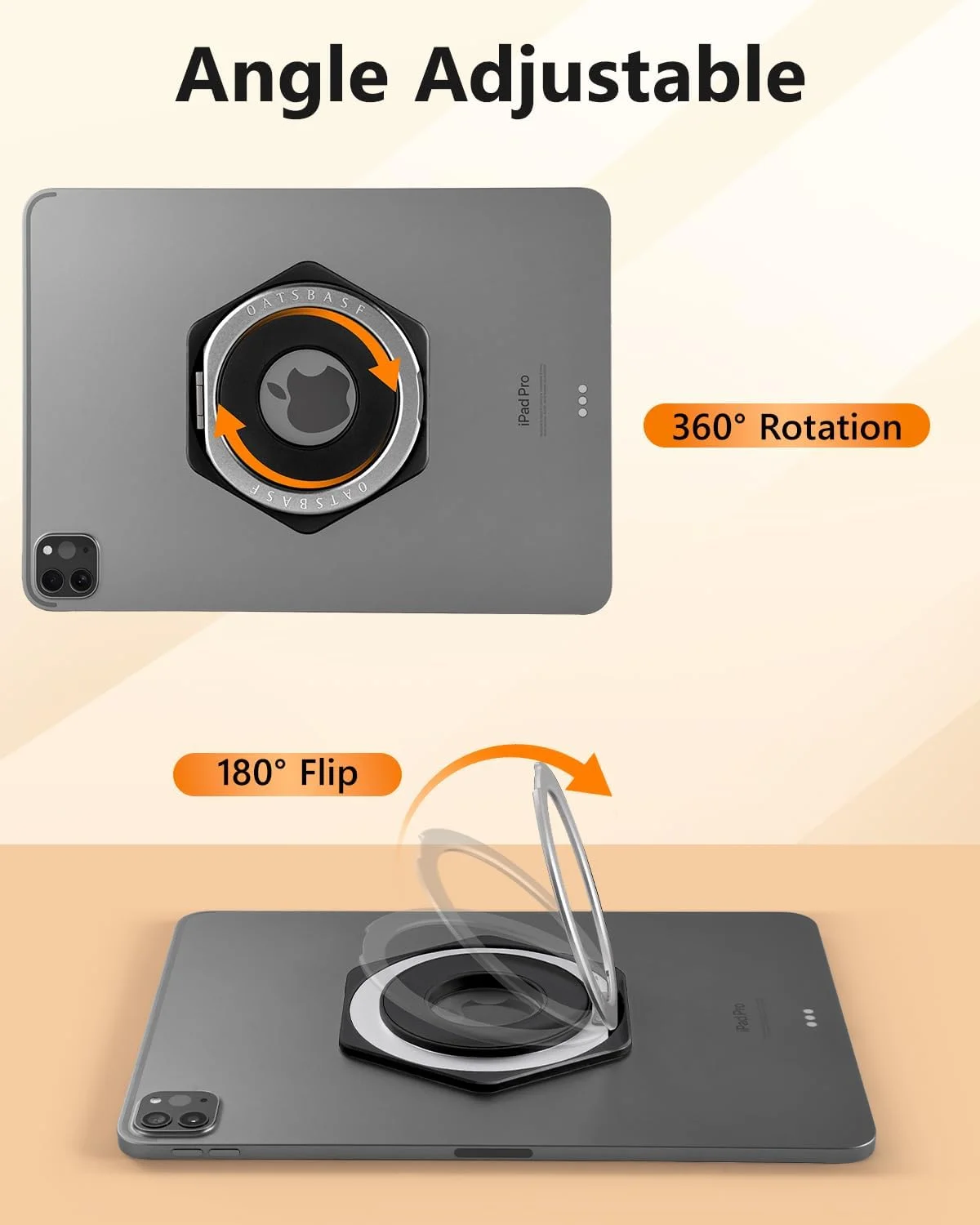 نگهدارنده تبلت یونیورسال OATSBASF، بند دستی، دسته قابل تنظیم 360 درجه، حلقه مغناطیسی فلزی، سازگار با آیپد/گلکسی تب و تمام تبلت های 6-13 اینچی (مشکی)