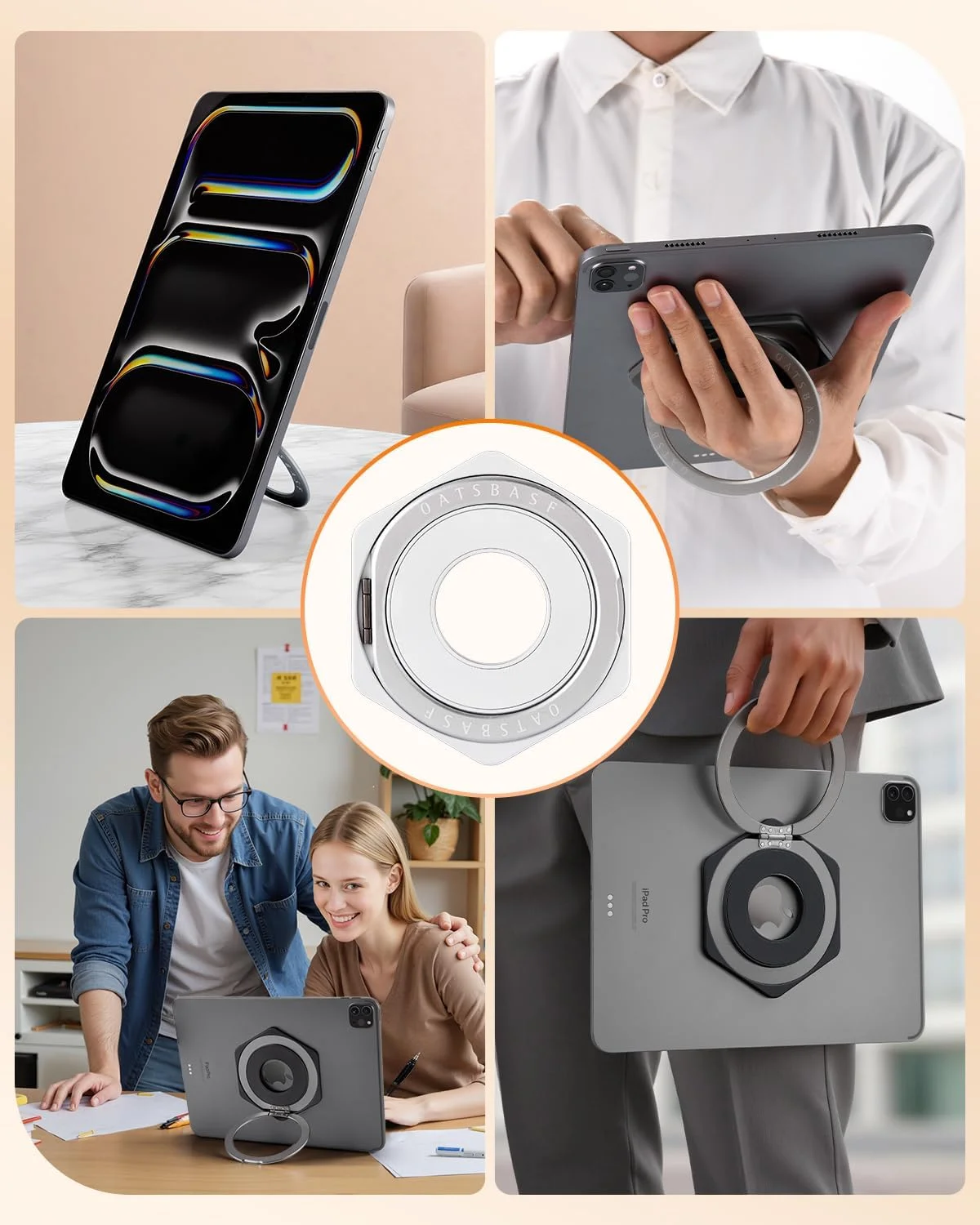 نگهدارنده تبلت یونیورسال OATSBASF، بند دستی، دسته قابل تنظیم 360 درجه، حلقه مغناطیسی فلزی، سازگار با آیپد/گلکسی تب و تمام تبلت های 6-13 اینچی (مشکی)