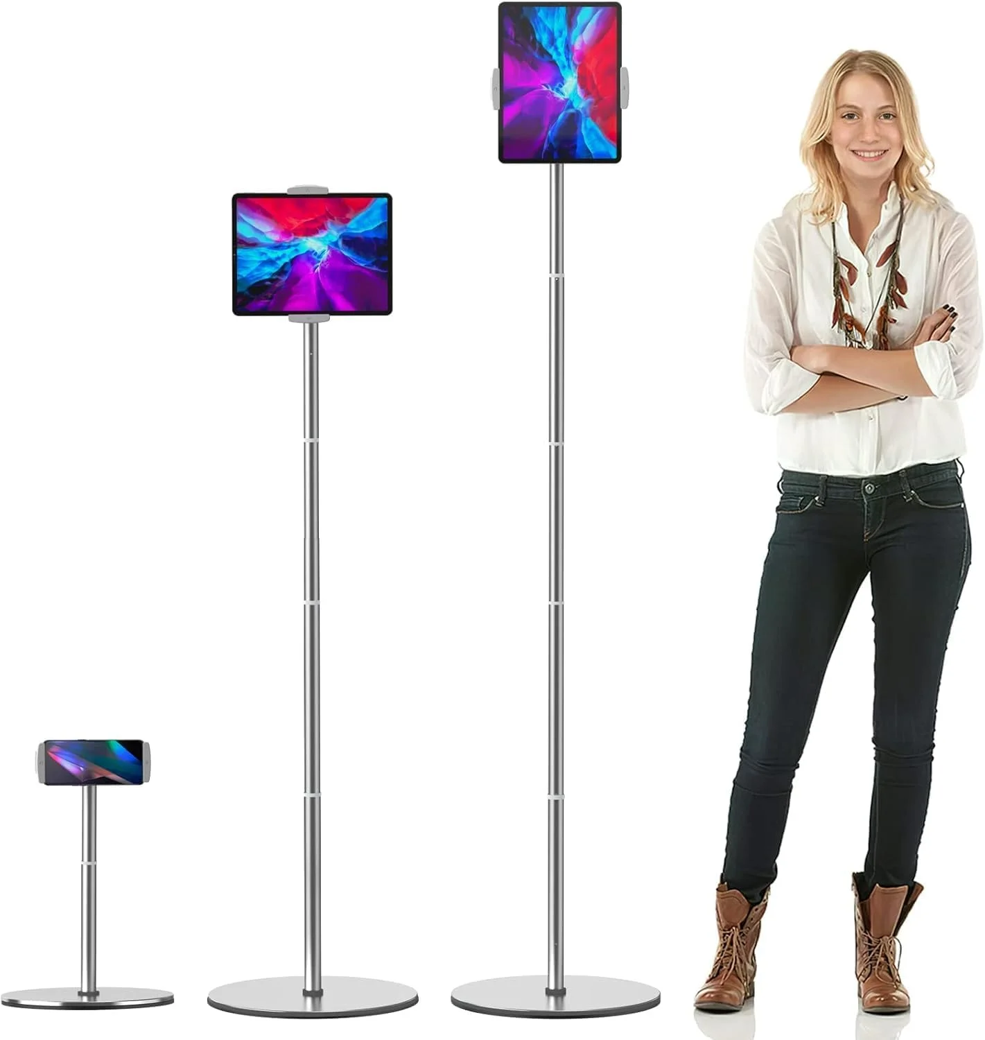 پایه نگهدارنده تبلت زمینی سنگین OATSBASF - با قابلیت تنظیم ارتفاع تا 168 سانتی متر، نگهدارنده بالای تخت برای گوشی/تبلت، مناسب برای آیپد پرو/ایر/مینی 4.7-12.9 اینچی، کیندل و تلفن های همراه