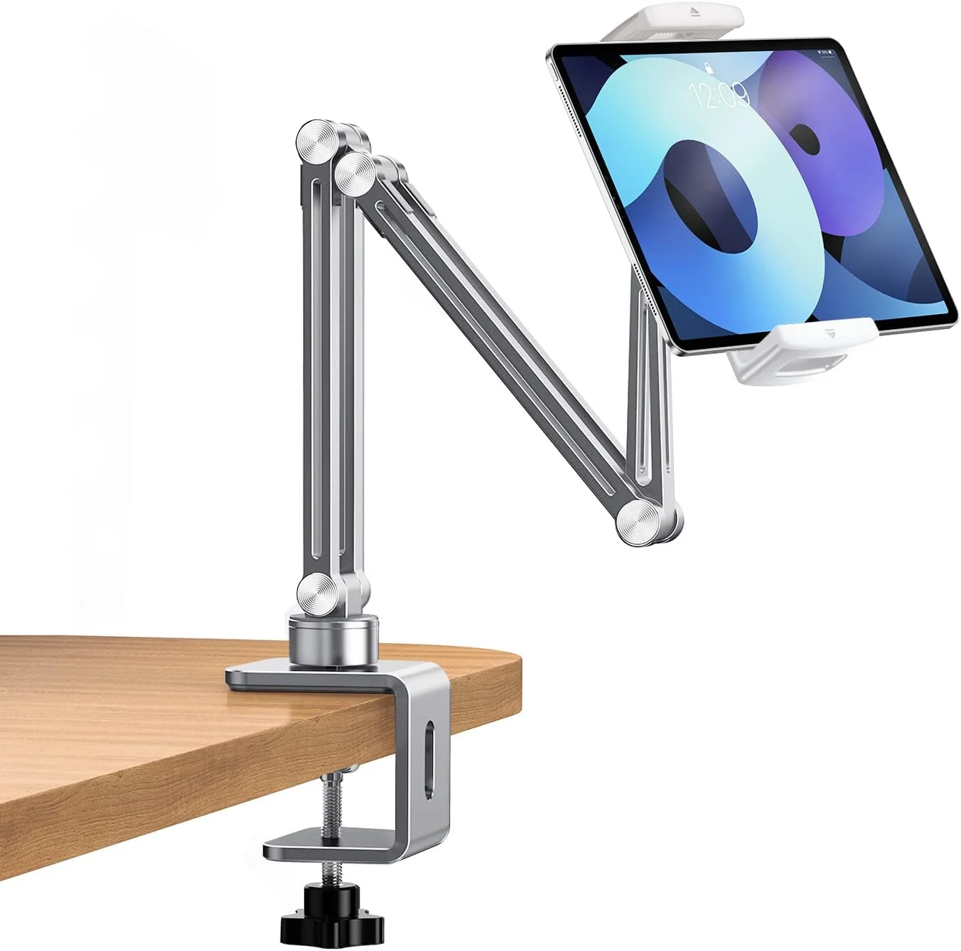 پایه نگهدارنده گوشی و تبلت OATSBASF مدل گردنی تخت خواب، بازوی بلند آلومینیومی تاشو، استند تنبل چرخشی 360 درجه جهانی برای آیفون، آیپد، تبلت - نقره ای