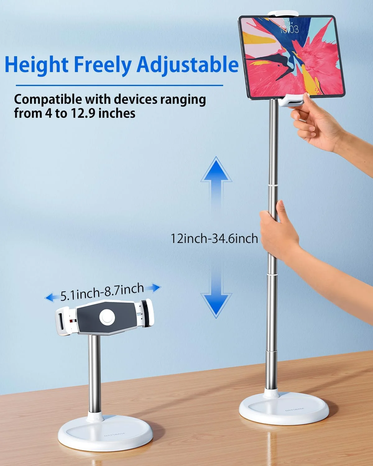 پایه نگهدارنده تبلت OATSBASF، با قابلیت تنظیم ارتفاع (30.5-88 سانتی متر)، پایه آیپد با قابلیت چرخش 360 درجه با پایه سنگین، نگهدارنده قابل تنظیم برای دستگاه های 4 تا 12.9 اینچی شامل آیفون، آیپد، کیندل، سوییچ، سفید