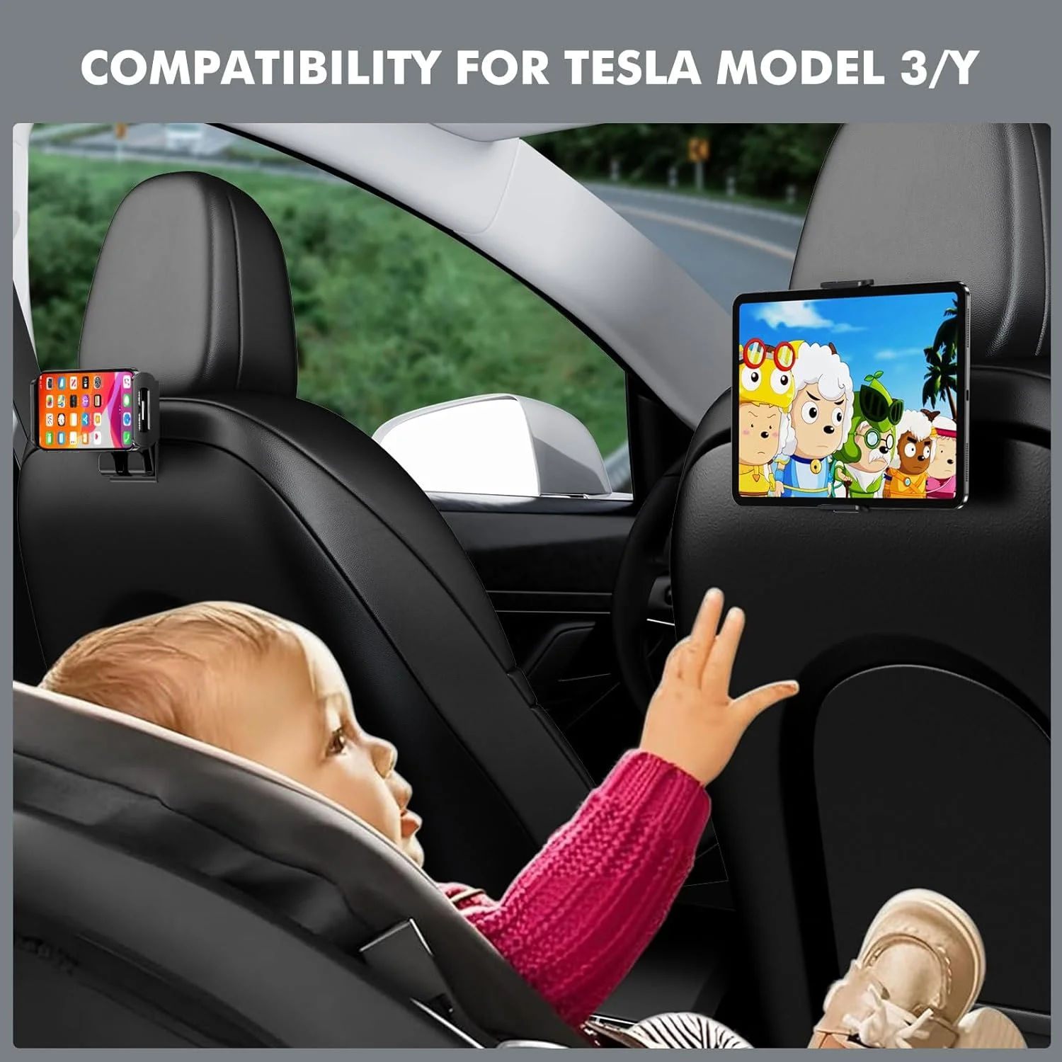 پایه تبلت صندلی عقب OATSBASF برای تسلا مدل Y و مدل 3، نگهدارنده تبلت با قابلیت چرخش 360 درجه، به همراه 2 قلاب برای تلفن همراه 4.7 تا 13 اینچی