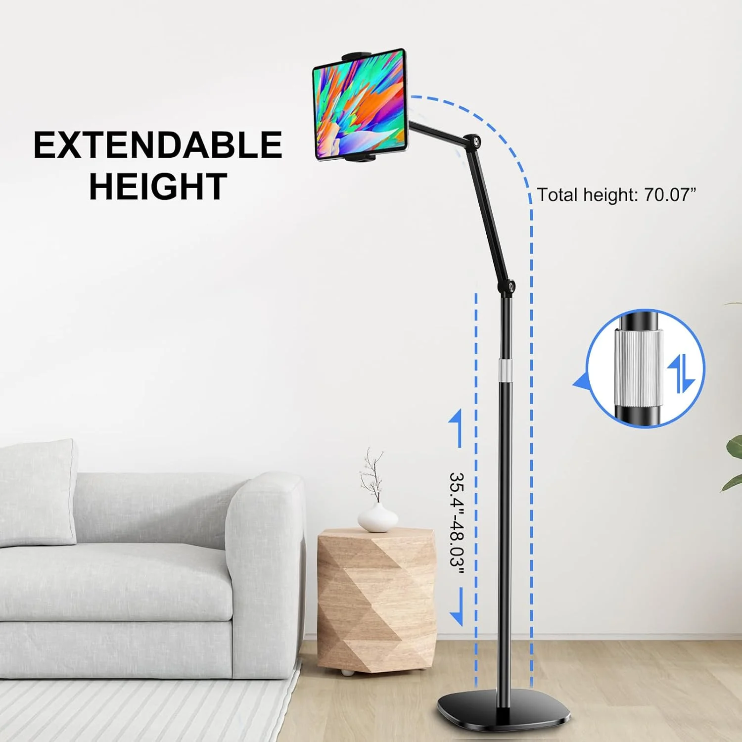 پایه نگهدارنده تبلت OATSBASF، پایه نگهدارنده گوشی بالای تخت، پایه فلزی جهانی قابل تنظیم ارتفاع و زاویه 360 درجه سازگار با آیپد، تبلت سامسونگ گلکسی، آیفون، کیندل، 4.7-12.9 اینچ (مشکی)