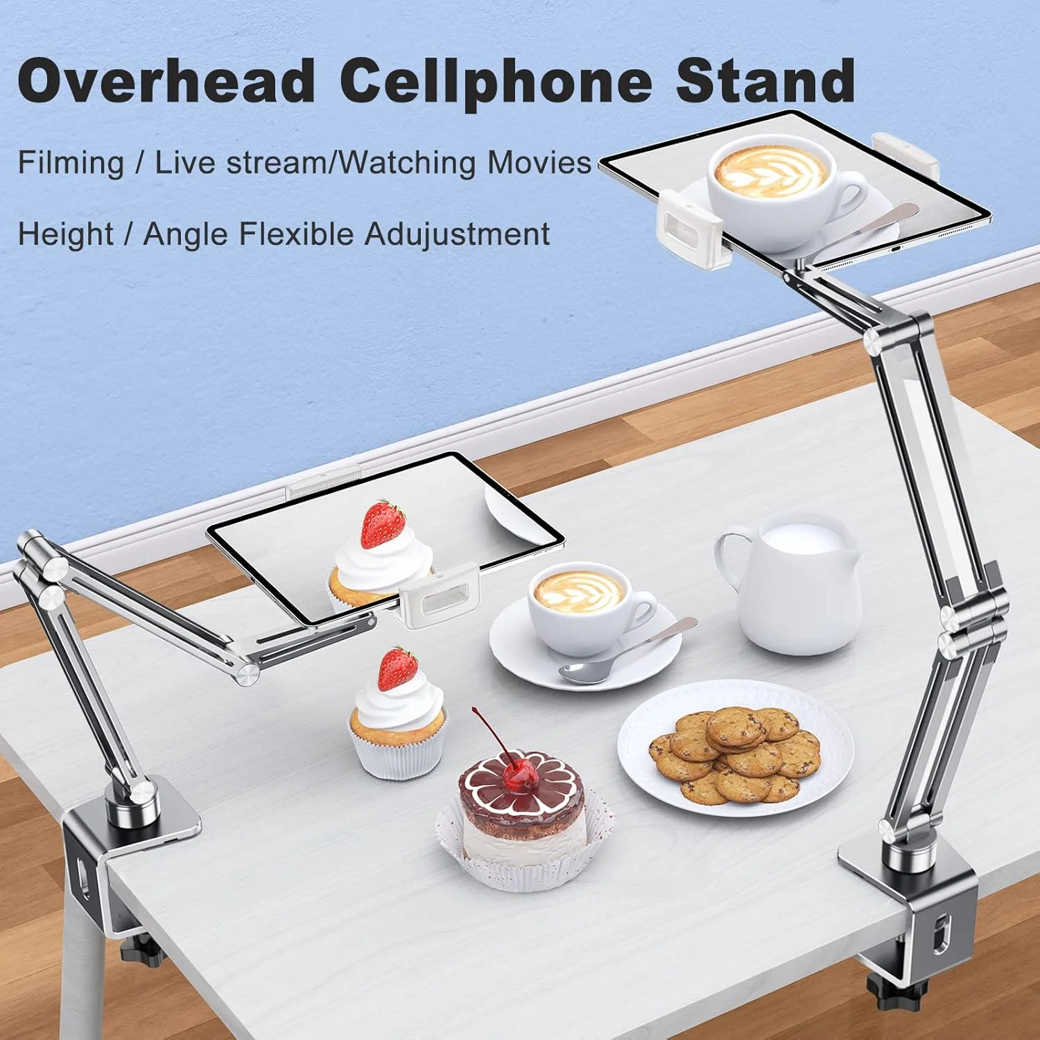 پایه نگهدارنده گوشی و تبلت OATSBASF مدل گردنی تخت خواب، بازوی بلند آلومینیومی تاشو، استند تنبل چرخشی 360 درجه جهانی برای آیفون، آیپد، تبلت - نقره ای