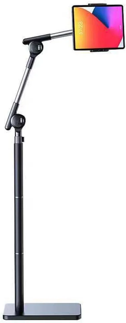 پایه نگهدارنده تبلت، چرخش 360 درجه با پایه قابل تنظیم ارتفاع سازگار با تلفن/تبلت 4.7 تا 13 اینچی، آلیاژ آلومینیوم، مناسب برای تخت، مبل، میز. مشکی