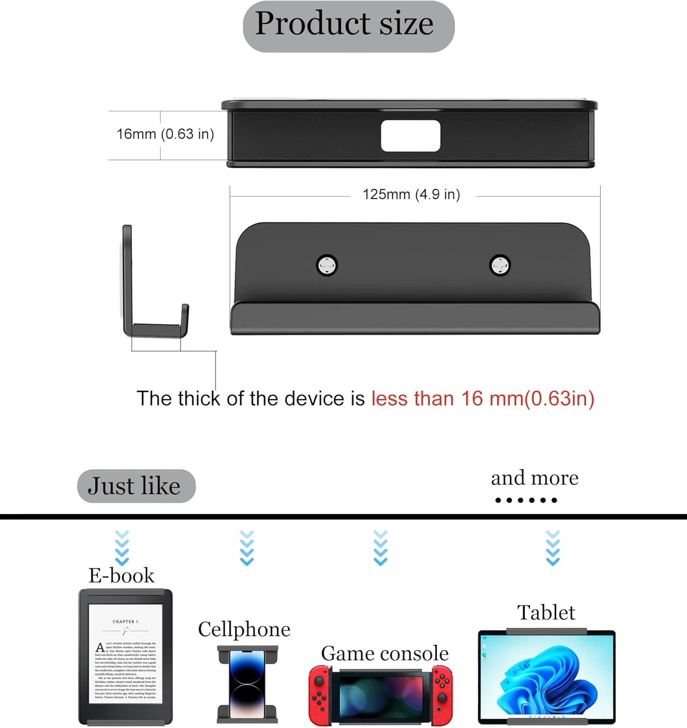 پایه دیواری تبلت برای آیپد مینی/آیپد پرو/آیپد ایر، نگهدارنده دیواری تبلت برای سامسونگ/کیندل/کتابخوان الکترونیکی، نگهدارنده دیواری گوشی برای آیفون، نصب با چسب یا پیچ (مشکی)