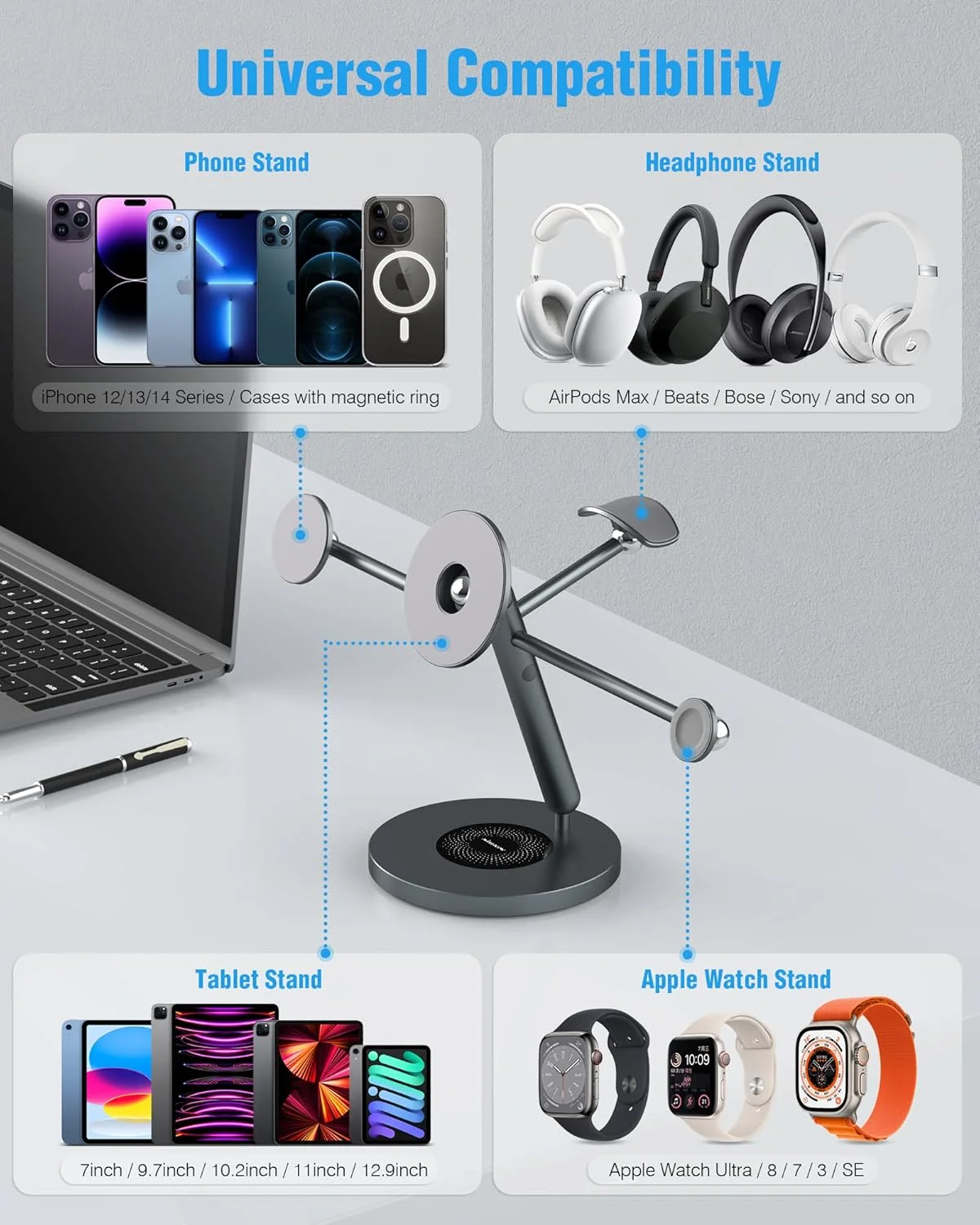 پایه تبلت Nillkin با حلقه MagSafe، پایه مغناطیسی 4 در 1 برای تبلت/تلفن/ساعت هوشمند/هدفون، چرخش 360 درجه، DIY به دلخواه، پایه تلفن همراه آلومینیومی، پایه تبلت برای میز، پشتیبانی از 5-13 اینچ پایه تبلت Nillkin با حلقه MagSafe، پایه مغناطیسی 4 در 1 برای تبلت/تلفن/ساعت هوشمند/هدفون، چرخش 360 درجه، DIY به دلخواه، پایه تلفن همراه آلومینیومی، پایه تبلت برای میز، پشتیبانی از 5-13 اینچ