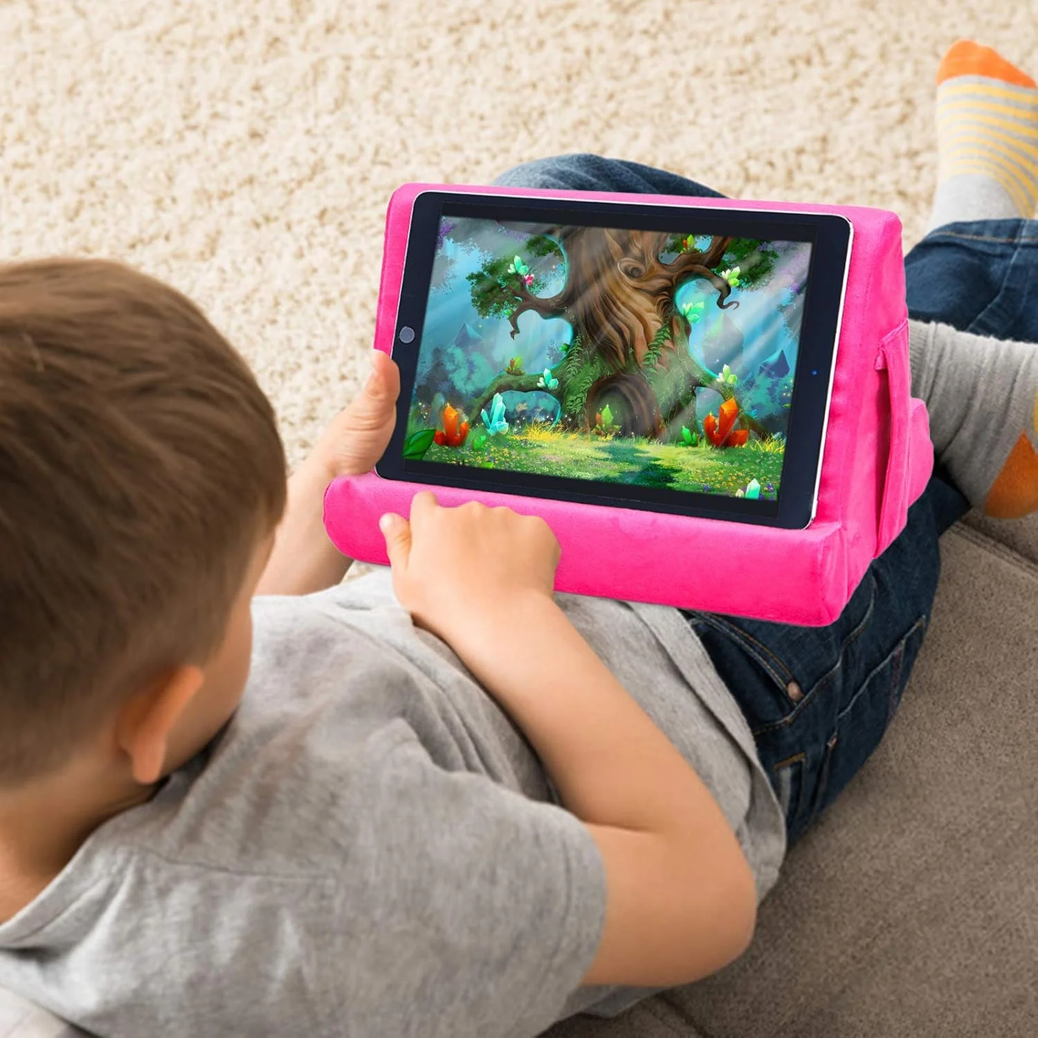 پایه نگهدارنده تبلت چند زاویه ای با جیب توری و پایه نگهدارنده تلفن رنگ مشکی، پد نگهدارنده تبلت ارتقا یافته برای تلفن، پد، کتاب (صورتی)