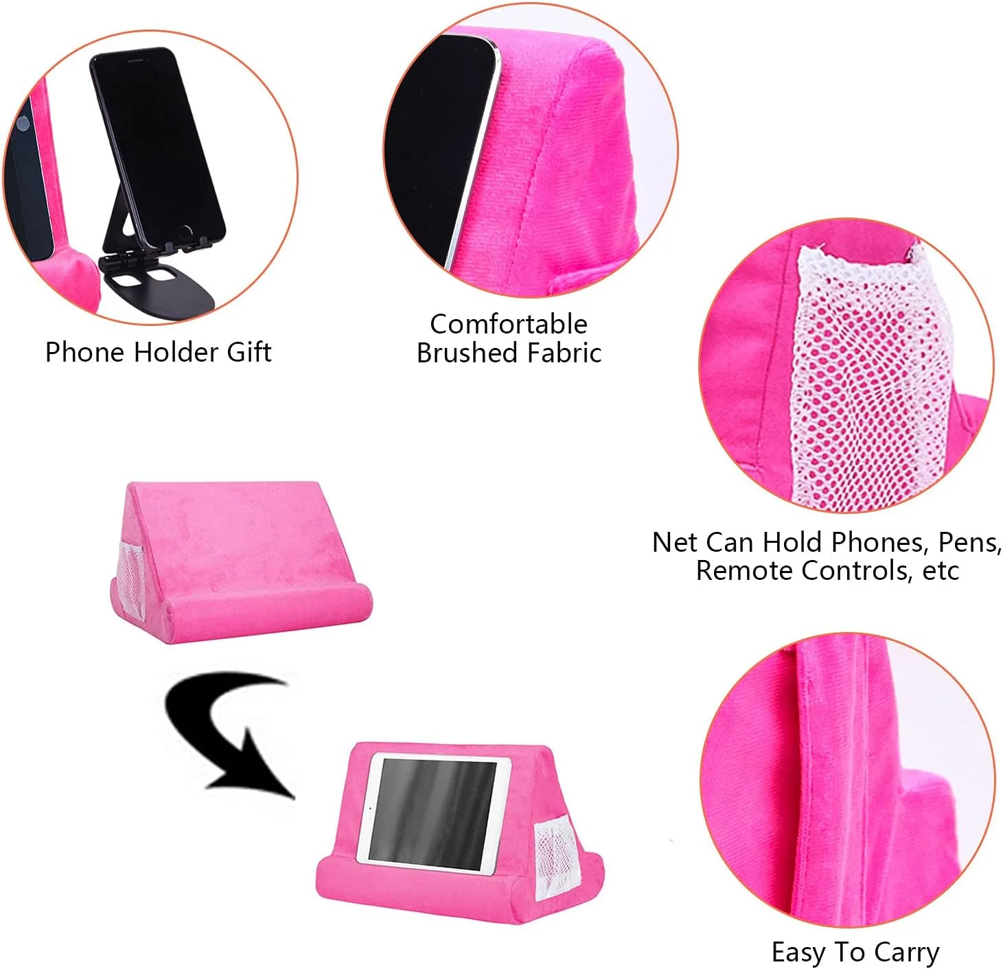 پایه نگهدارنده تبلت چند زاویه ای با جیب توری و پایه نگهدارنده تلفن رنگ مشکی، پد نگهدارنده تبلت ارتقا یافته برای تلفن، پد، کتاب (صورتی)