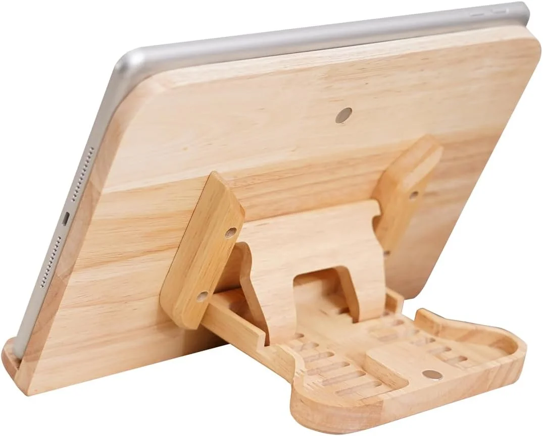 پایه چوبی قابل تنظیم آیپد برای میز، نگهدارنده تبلت چند زاویه ای تاشو سازگار با آیپد پرو 12.9، مینی، ایر، کیندل، تب، کتابخوان الکترونیکی تبلت و تلفن 6-13 اینچی (چوب لاستیکی)
