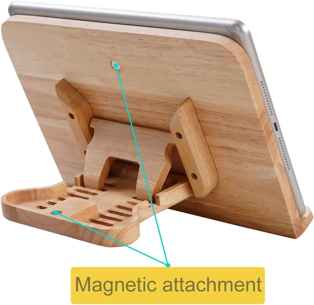 پایه چوبی قابل تنظیم آیپد برای میز، نگهدارنده تبلت چند زاویه ای تاشو سازگار با آیپد پرو 12.9، مینی، ایر، کیندل، تب، کتابخوان الکترونیکی تبلت و تلفن 6-13 اینچی (چوب لاستیکی)