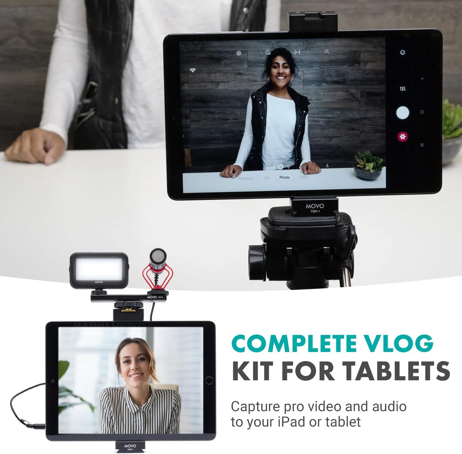 کیت ولاگینگ تبلت Movo برای آیپد - کیت ولاگینگ آیپد با نگهدارنده تبلت، سه پایه بزرگ، میکروفون، نور LED، توسعه دهنده کفشک سرد - کیت استارتر یوتیوب با پایه سه پایه آیپد برای ضبط ویدیو