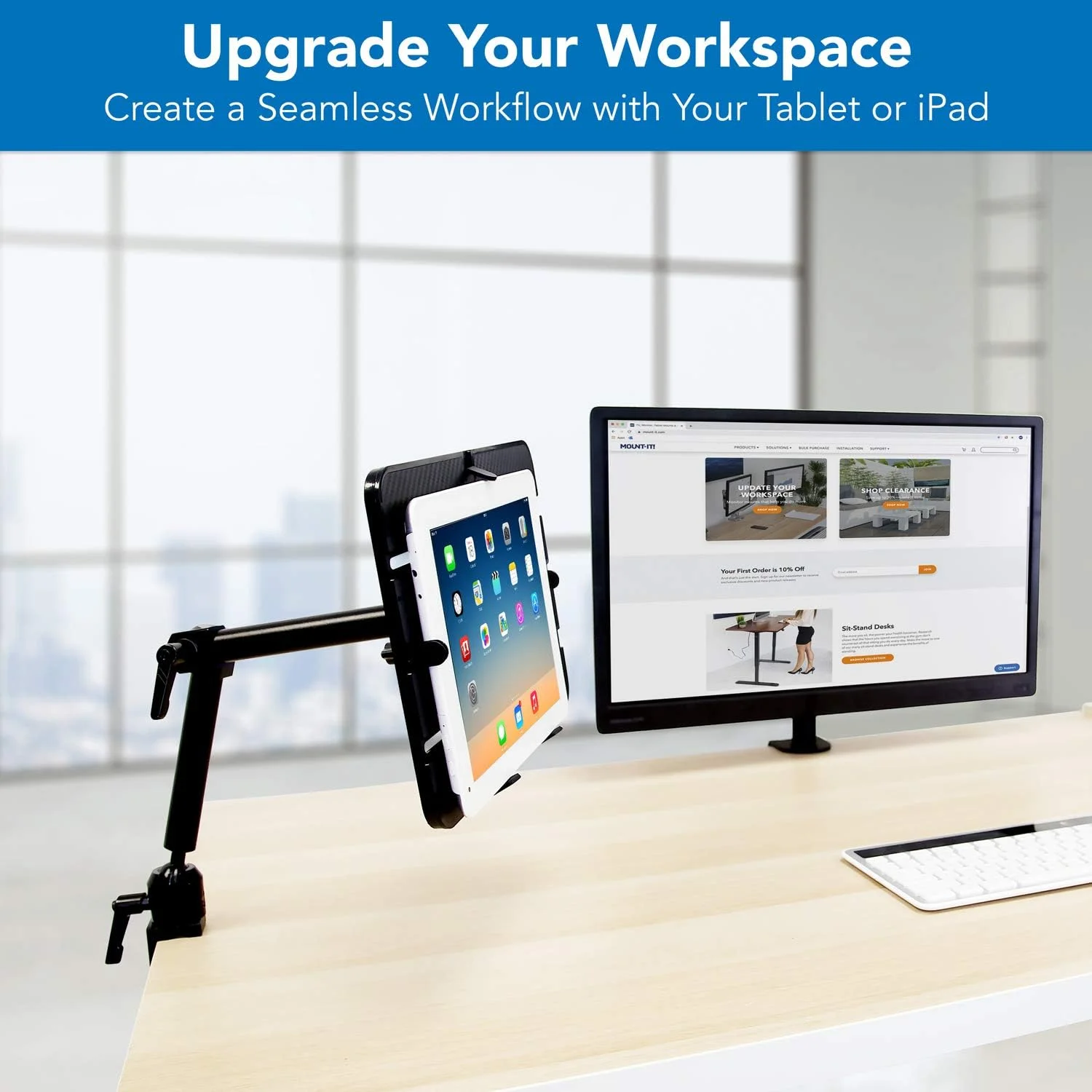 پایه نگهدارنده تبلت Mount-It! | نگهدارنده یونیورسال با حرکت کامل برای آیپد، تلفن یا تبلت | پایه گیره C | مناسب برای صفحه نمایش های 6-14 اینچی