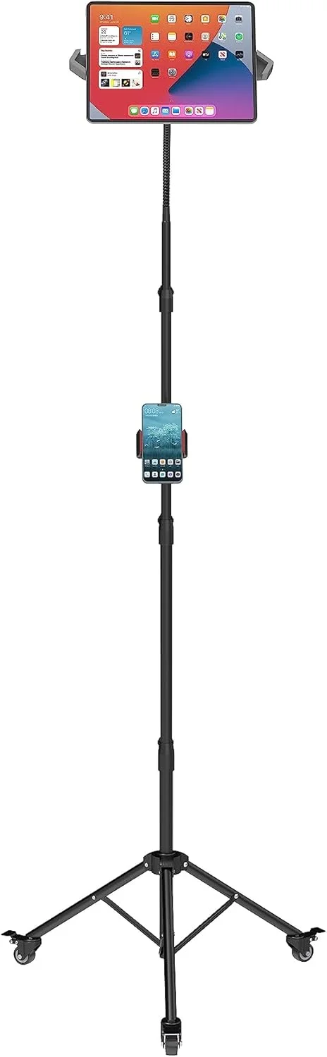 پایه نگهدارنده تبلت و گوشی موبایل Mount Plus TB-F01 با گردن غازی، سه پایه زمینی چرخ دار برای آیفون، آیپد، آیپد پرو و سایر تبلت ها سایز 9 تا 15 اینچ با چرخش 360 درجه