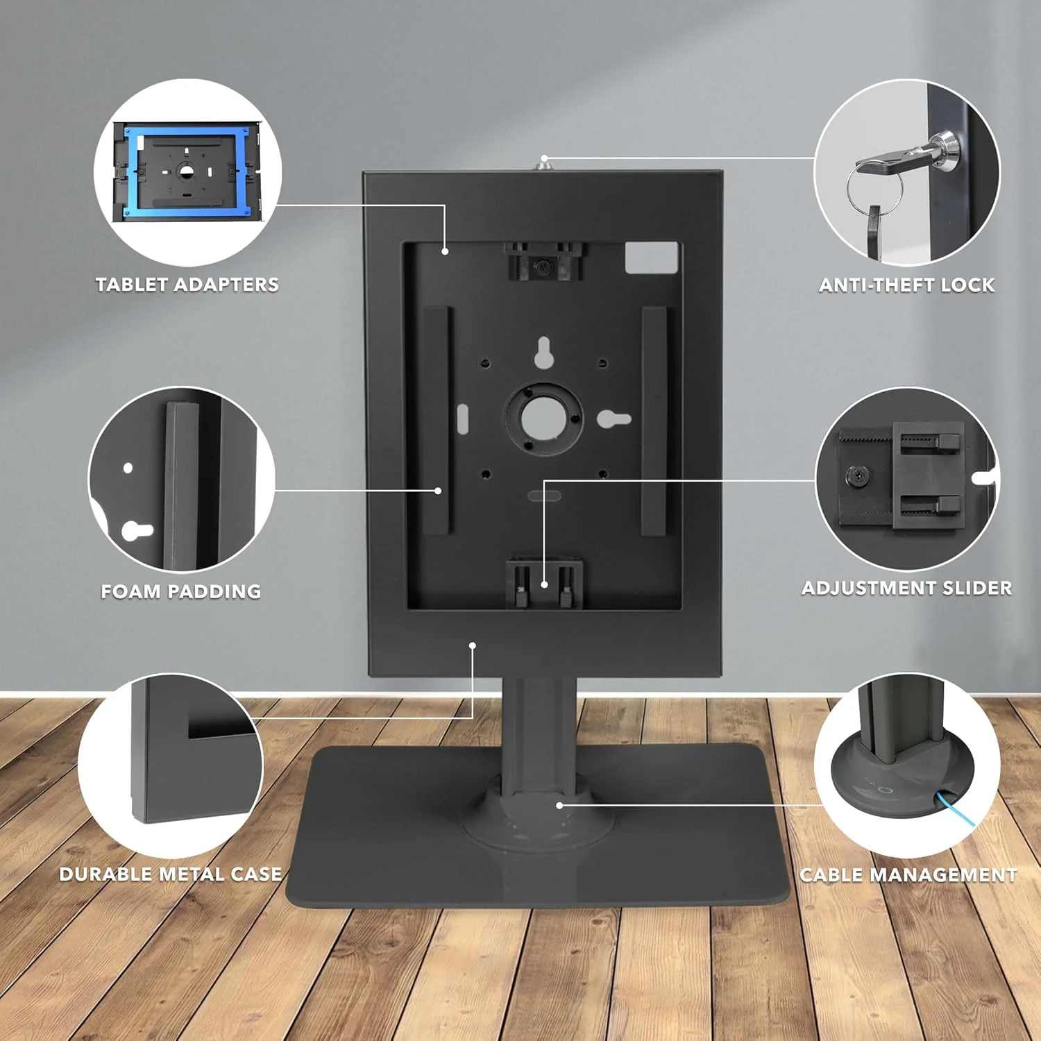 پایه تبلت ضد سرقت Mount-It!، محفظه تبلت رومیزی قفل‌دار با پایه مستقل، محفظه جهانی سازگار با آیپد نسل 7، 8، 9 و 10، آیپد پرو، آیپد ایر، مشکی