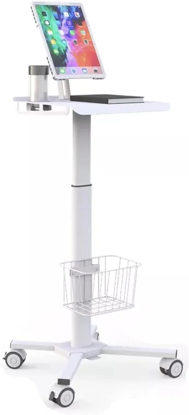 چرخ دستی متحرک تبلت پزشکی Mount Plus C01 با قابلیت تنظیم ارتفاع، دارای چرخ، محفظه تبلت و سبد ذخیره سازی | ترالی پزشکی برای بیمارستان، کلینیک، سالن زیبایی | ایستگاه کاری پنوماتیک متحرک آیپد