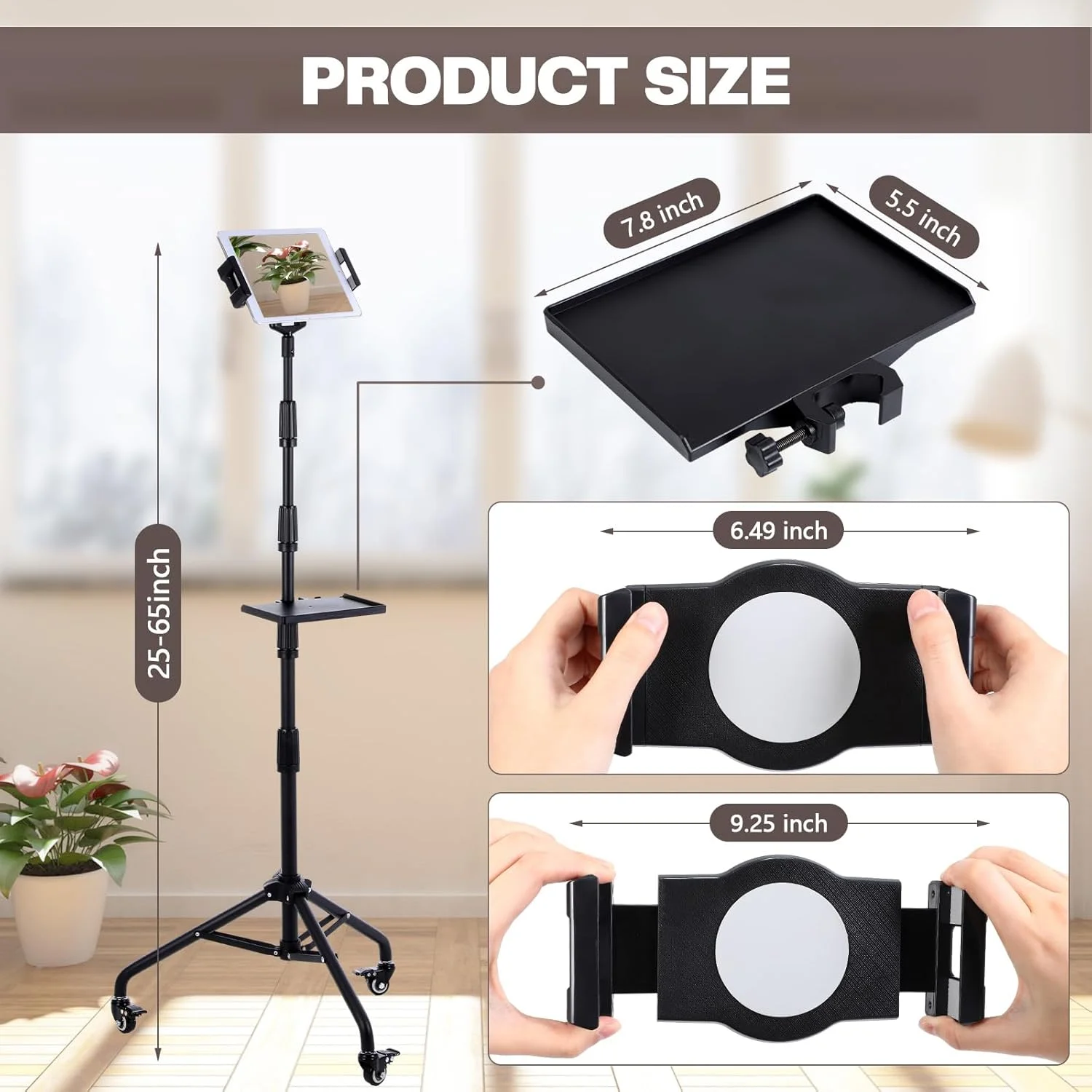 پایه نگهدارنده تبلت ایستاده با قابلیت چرخش 360 درجه به همراه سینی، ارتفاع قابل تنظیم 63 تا 165 سانتی متر، مناسب برای تبلت، کتابخوان الکترونیکی و غیره پایه نگهدارنده تبلت ایستاده با قابلیت چرخش 360 درجه به همراه سینی، ارتفاع قابل تنظیم 63 تا 165 سانتی متر، مناسب برای تبلت، کتابخوان الکترونیکی و غیره