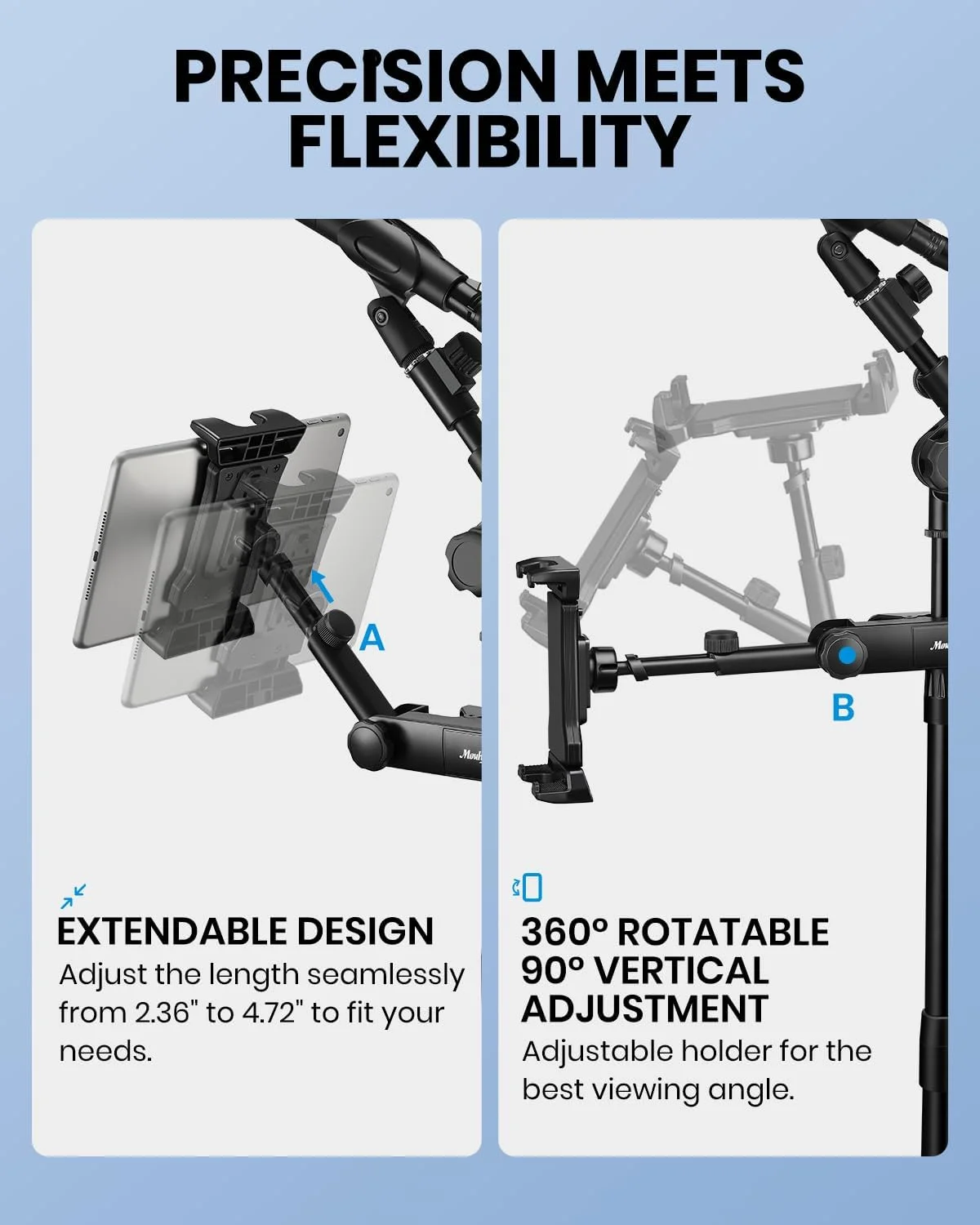 نگهدارنده تبلت قابل تنظیم Moukey، گیره نگهدارنده تلفن برای پایه میکروفون، سازگار با تمام آیپدها، آیفون‌ها، تبلت‌های اندرویدی، پدها و تلفن‌های هوشمند 4.7 تا 12.9 اینچی