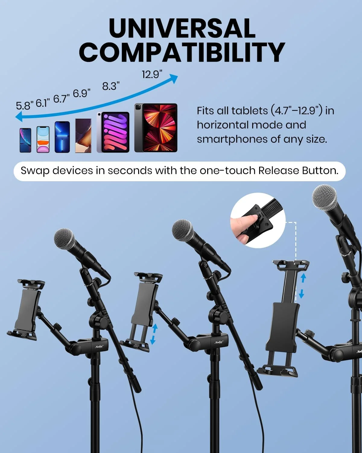 نگهدارنده تبلت قابل تنظیم Moukey، گیره نگهدارنده تلفن برای پایه میکروفون، سازگار با تمام آیپدها، آیفون‌ها، تبلت‌های اندرویدی، پدها و تلفن‌های هوشمند 4.7 تا 12.9 اینچی