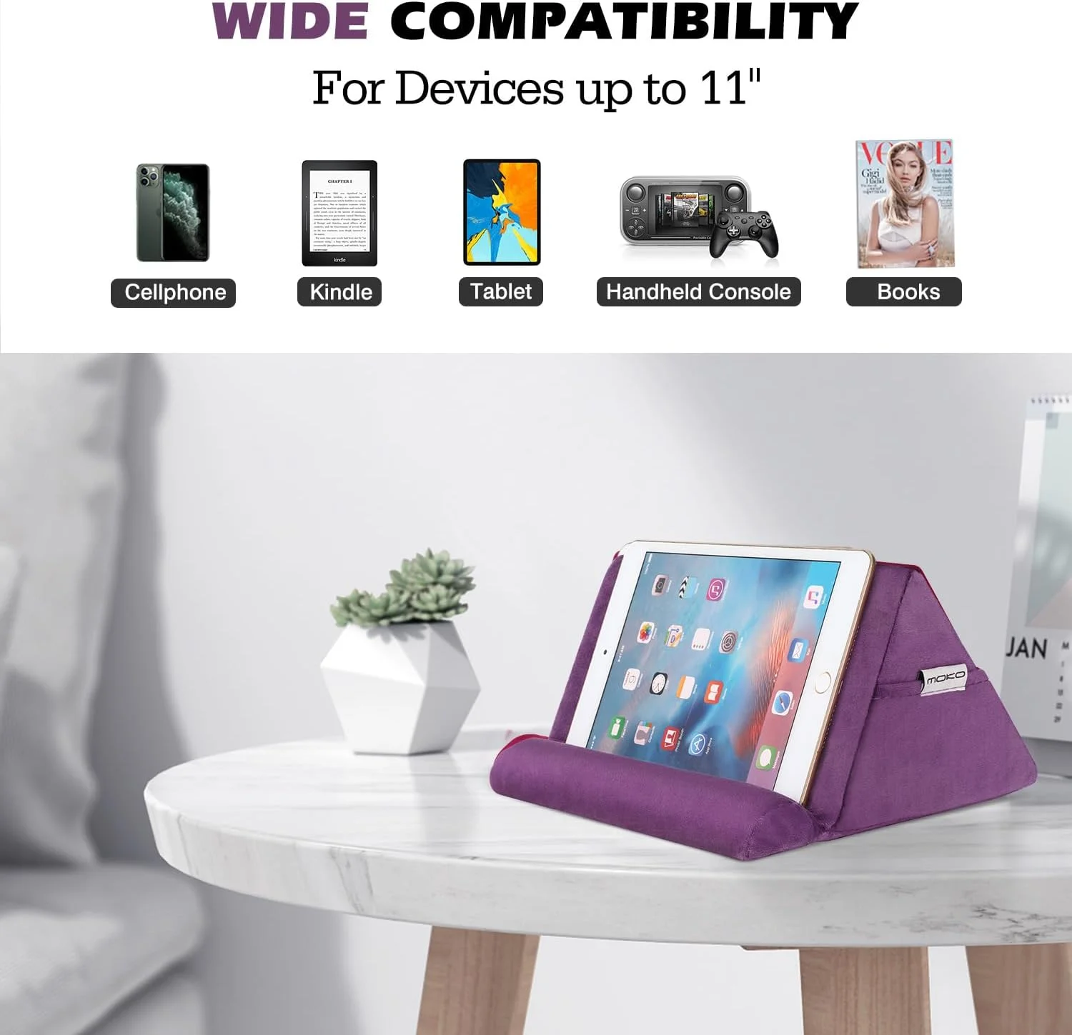 پایه نگهدارنده تبلت MoKo، بالشتک نگهدارنده تبلت برای آیپد تا 11 اینچ، مناسب برای آیپد 9 10.2 اینچ، آیپد مینی 6 8.3 اینچ، آیپد نسل 10، آیپد پرو 11 2022، ایر 4، گلکسی تب S6/S7، بنفش انگوری